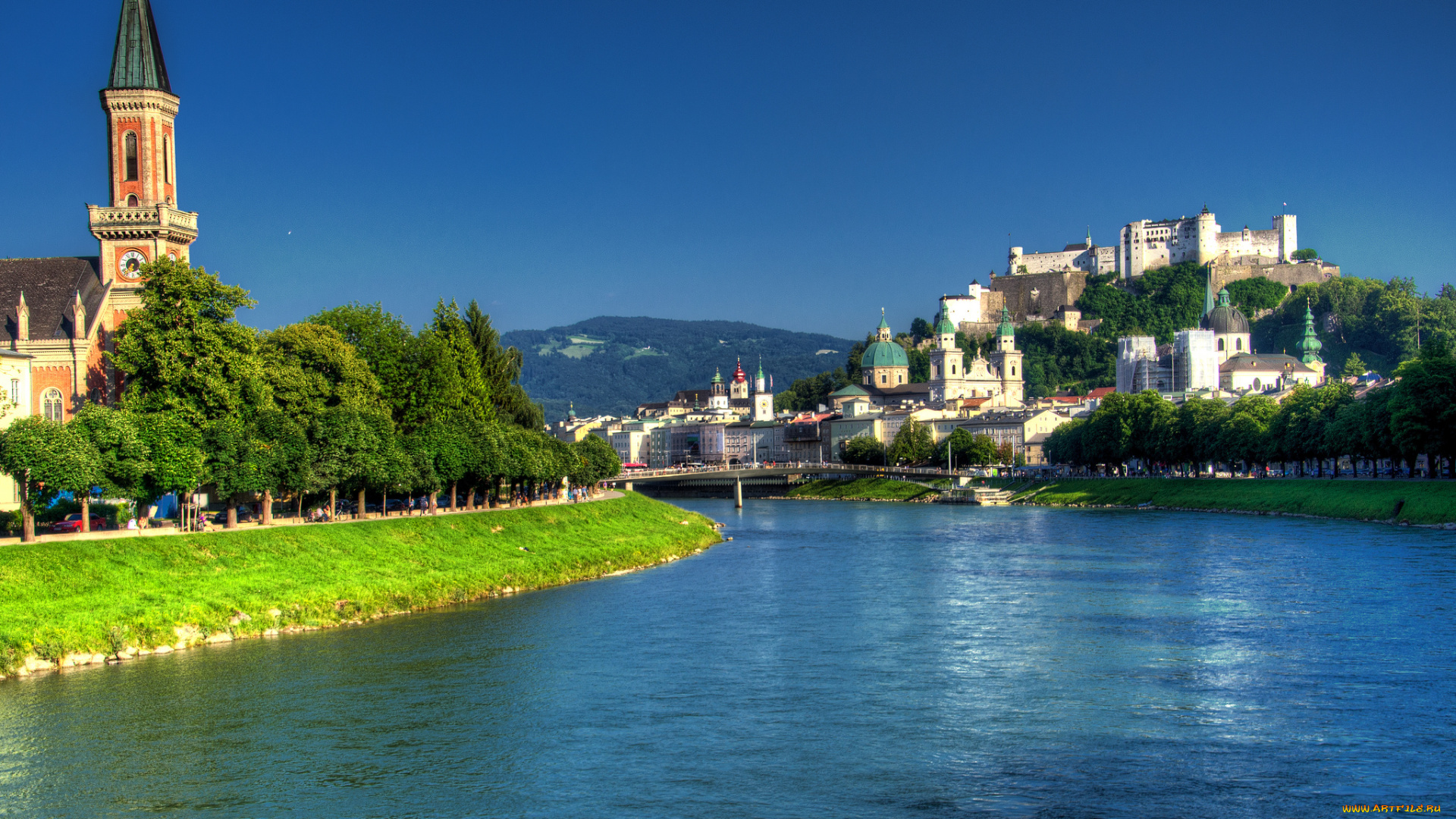 salzburg, austria, города, зальцбург, австрия, salzach, river, река, зальцах, набережная, мост, собор, замок, деревья