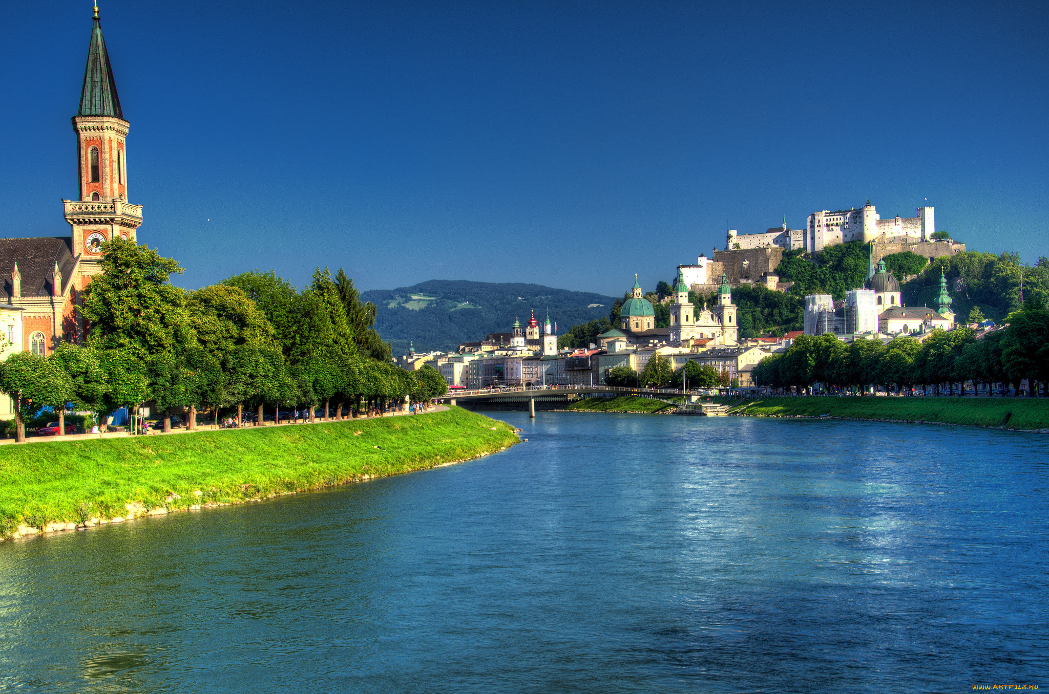 salzburg, austria, города, зальцбург, австрия, salzach, river, река, зальцах, набережная, мост, собор, замок, деревья