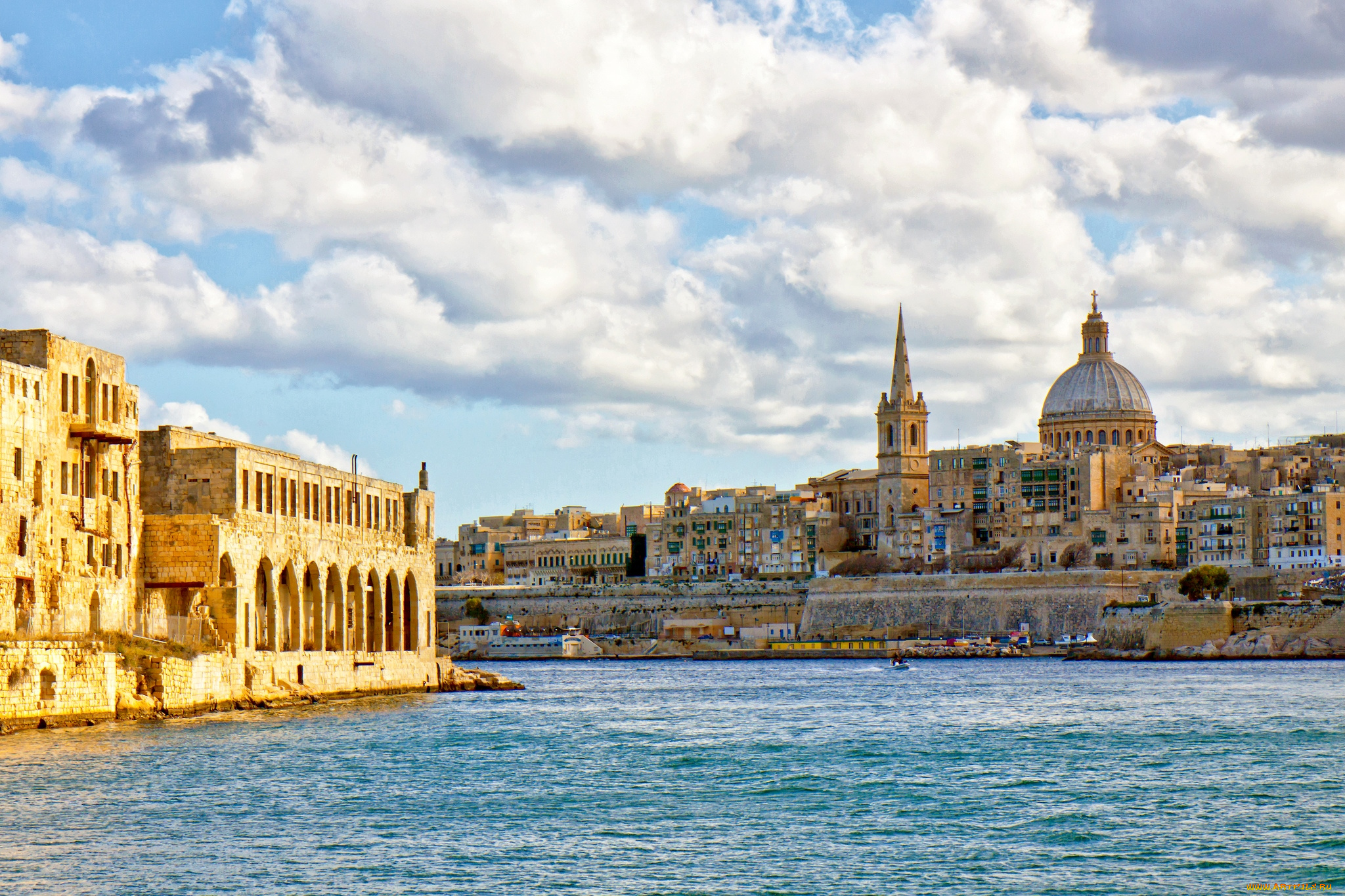 города, валетта, мальта, столица, вода, здания, панорама, valletta, malta, средиземное, море