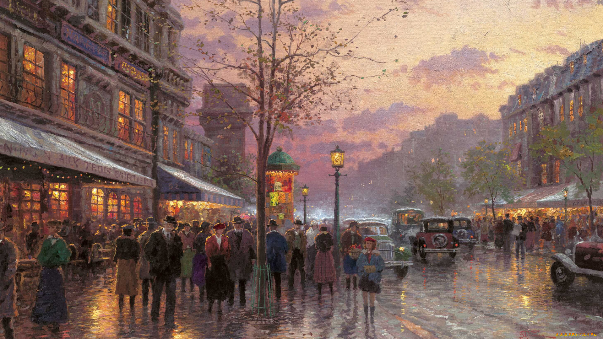 boulevard, lights, , paris, рисованные, thomas, kinkade, бульвар, город, париж