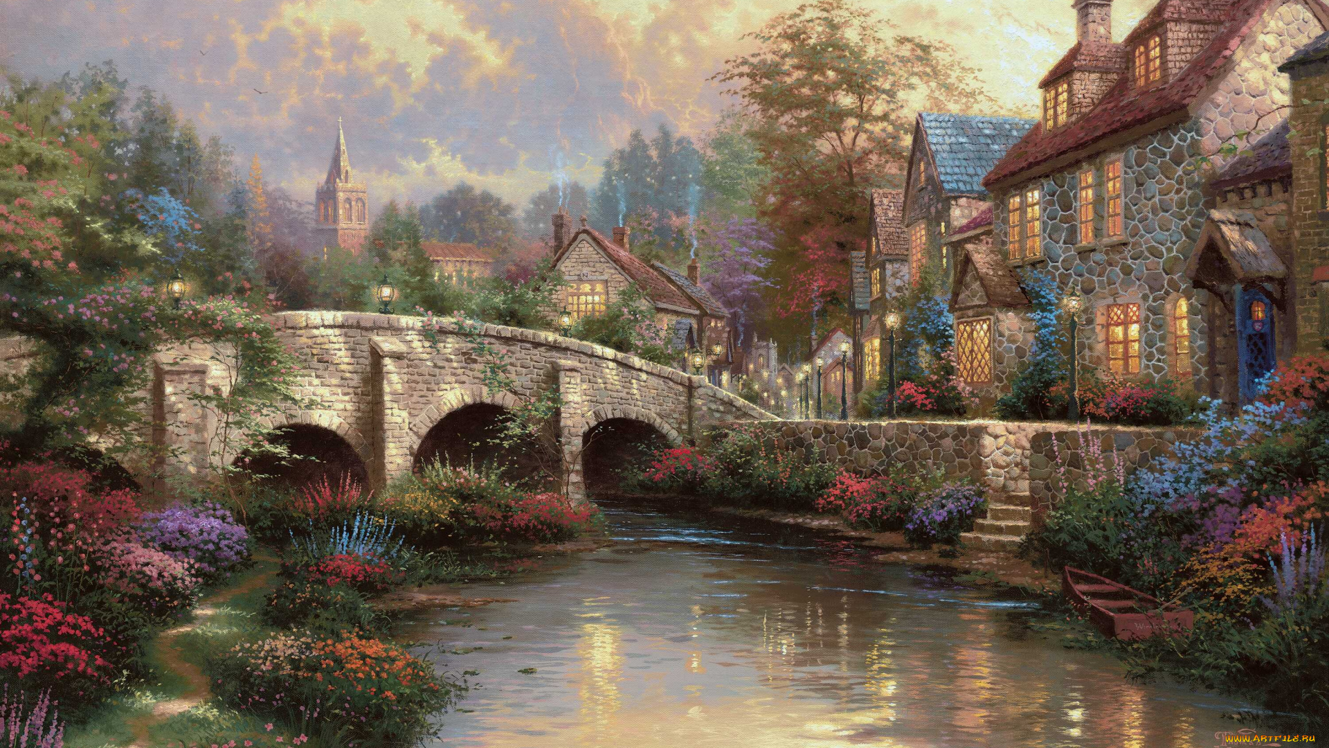 cobblestone, brooke, рисованные, thomas, kinkade, дом, река, лодка, мост