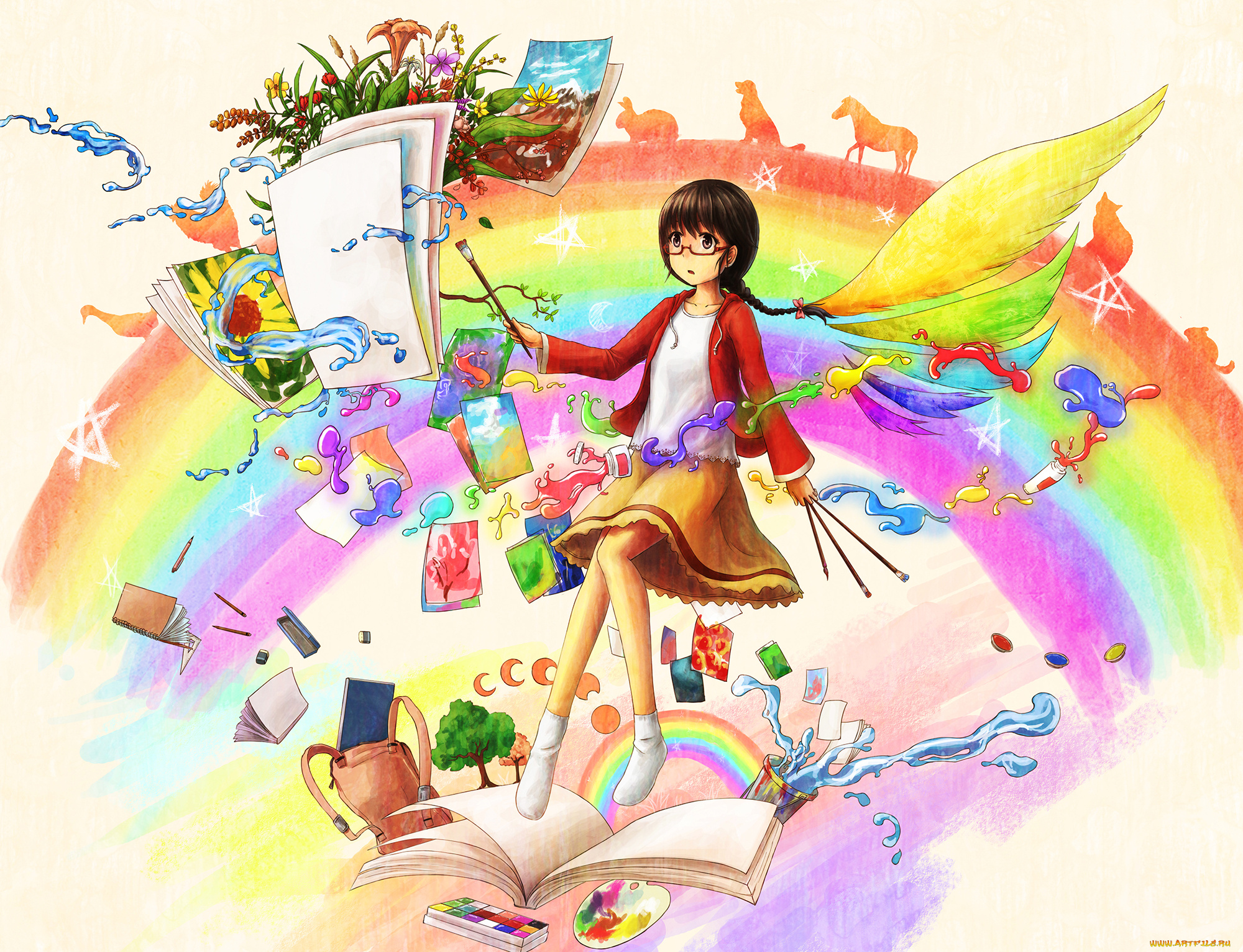 аниме, *unknown, , другое, радуга, цветы, шатенка, краски, коса, рисование, дерево, листы, арт, девушка, сумка, кисточки