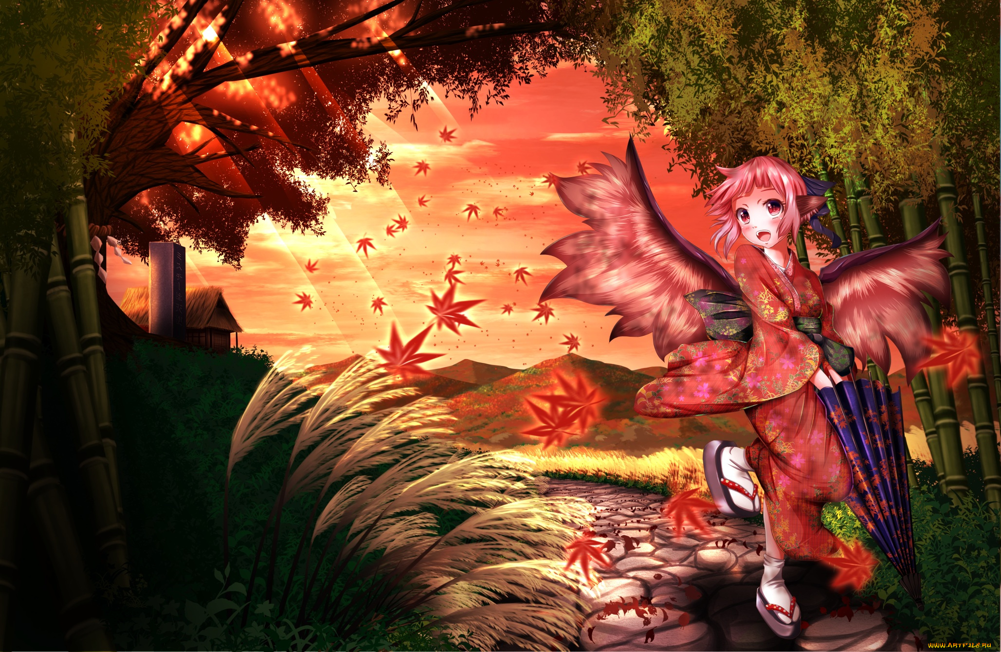 аниме, touhou, арт, бамбук, девочка, листья, зонт, осень, лучи