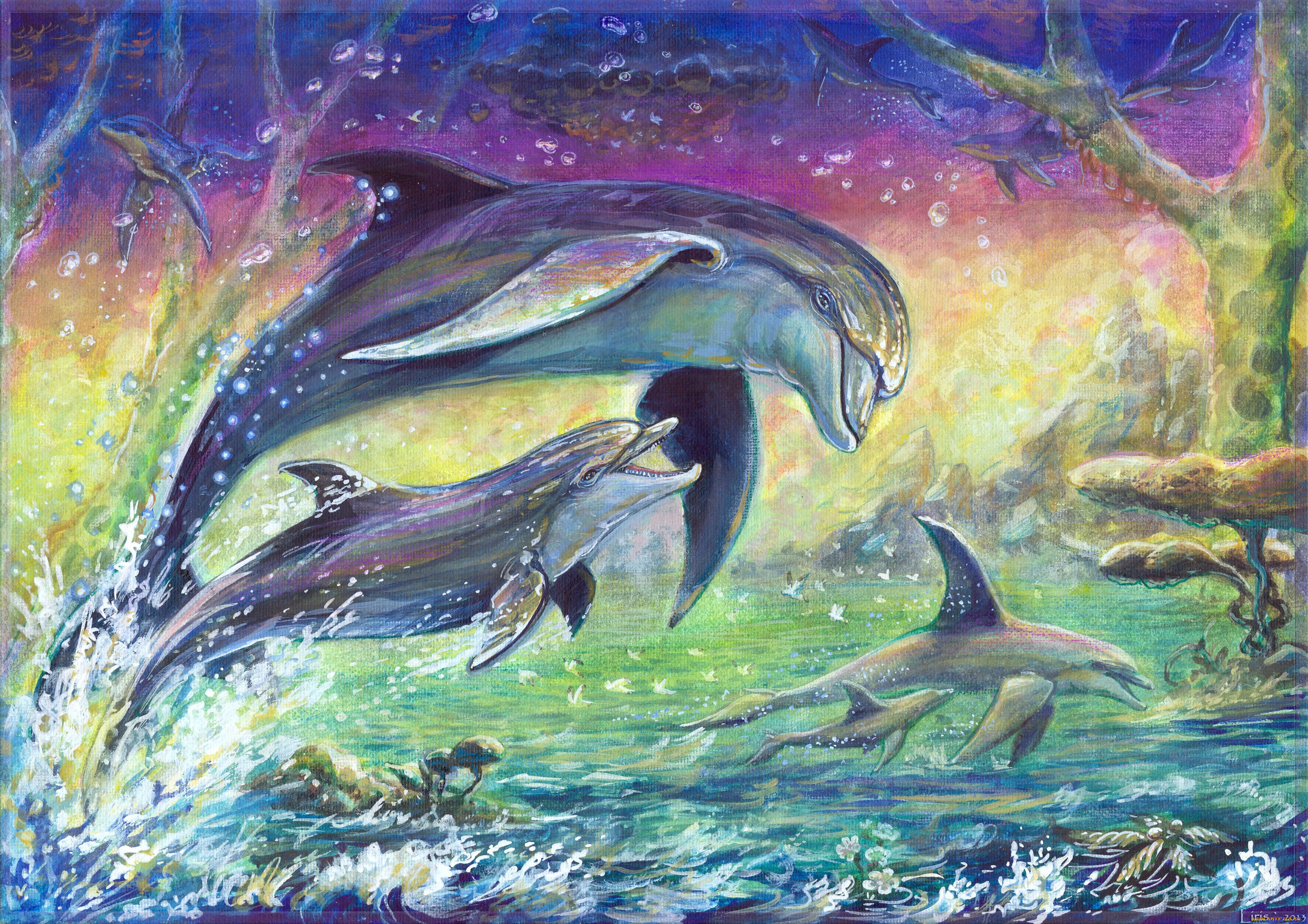 рисованные, животные, , дельфины, волны, море, холст, дельфины
