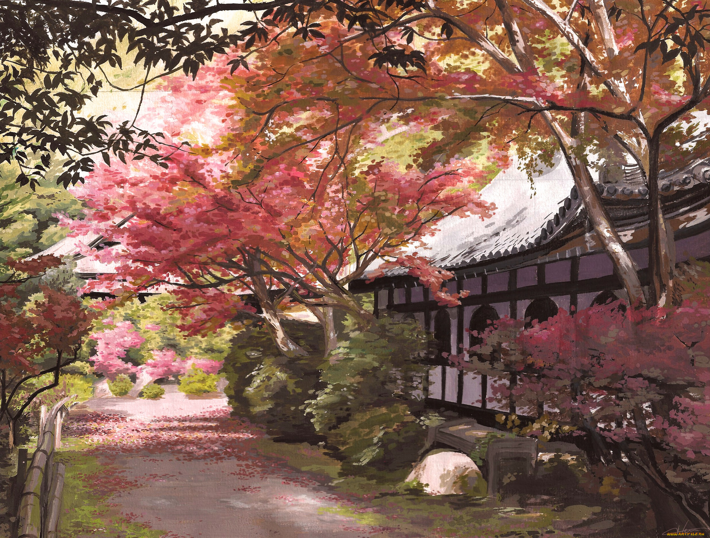 рисованное, живопись, тень, дворик, скамейка, деревья, кусты, Япония, art, selven7, забор, дом, дорожка, листопад, осень