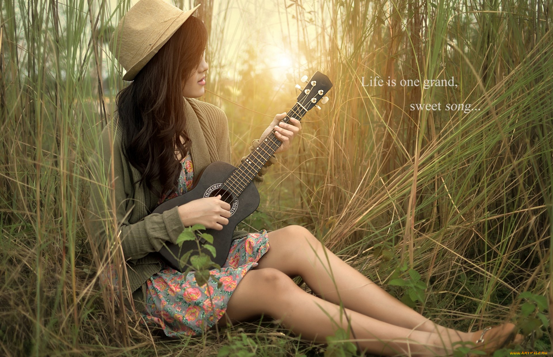 музыка, -другое, девушка, гитара, шляпа, растение, природа
