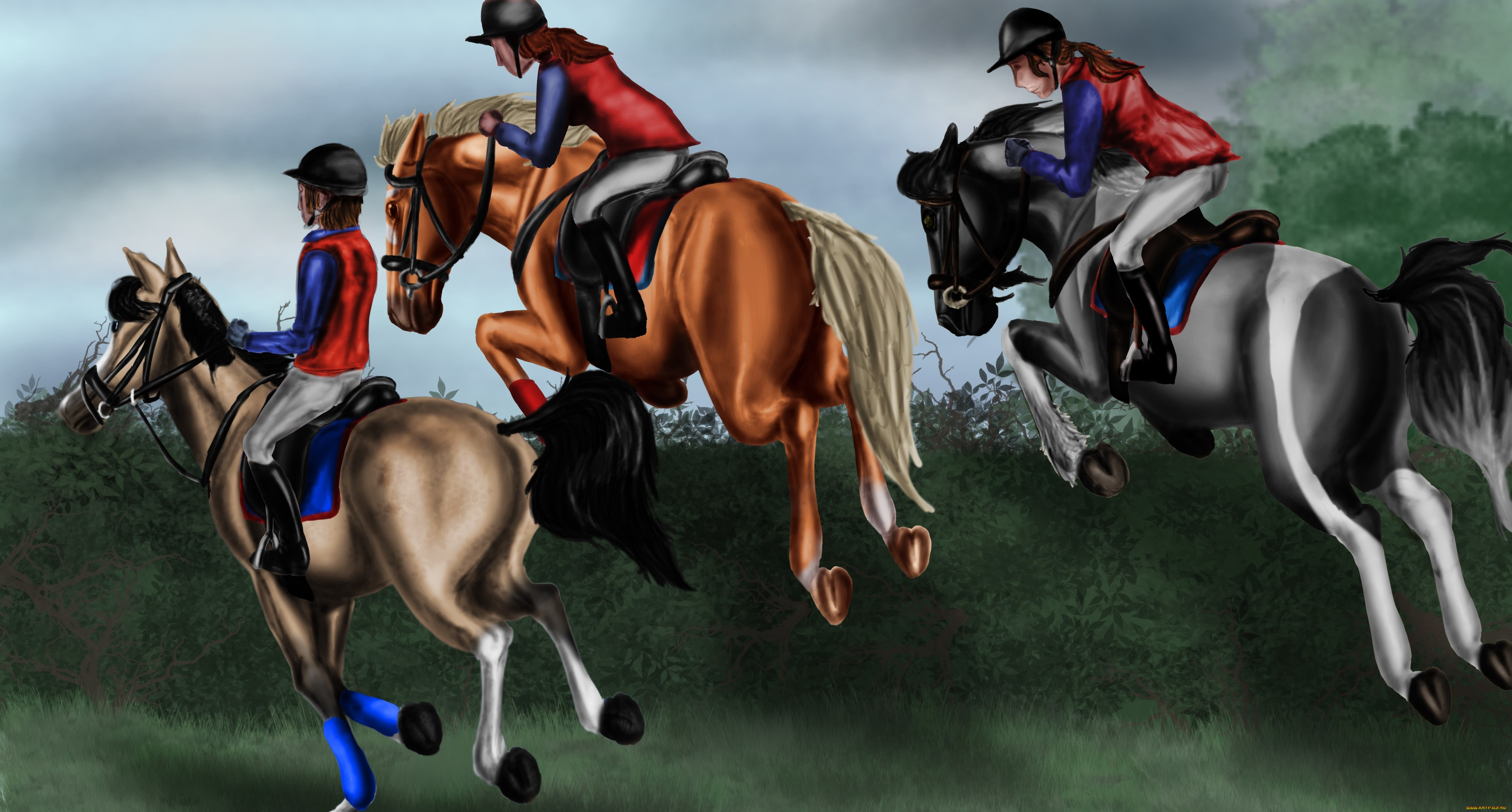 спорт, 3d, рисованные, лошадь, фон, всадники