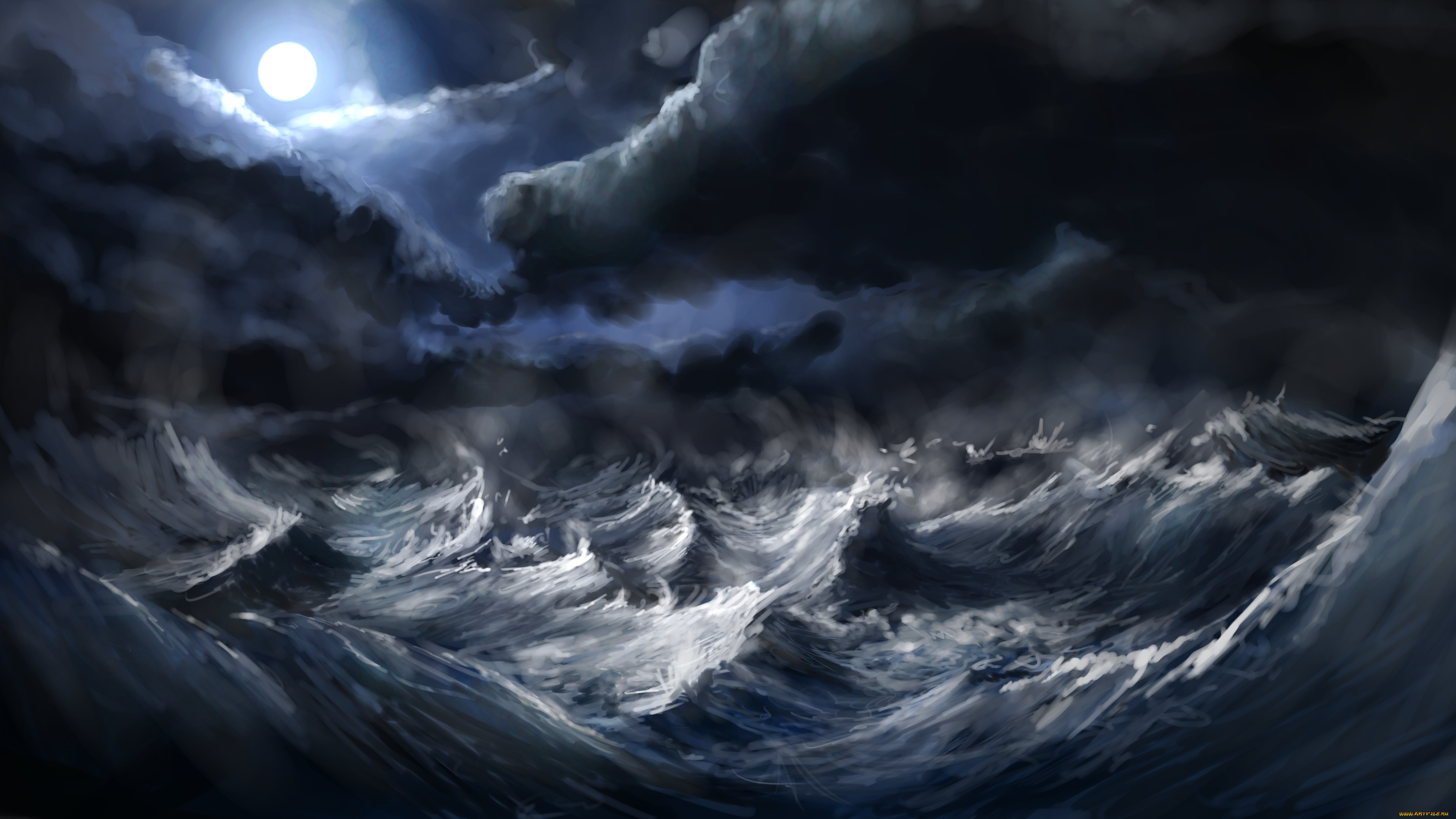 рисованные, природа, море, шторм, волны, луна