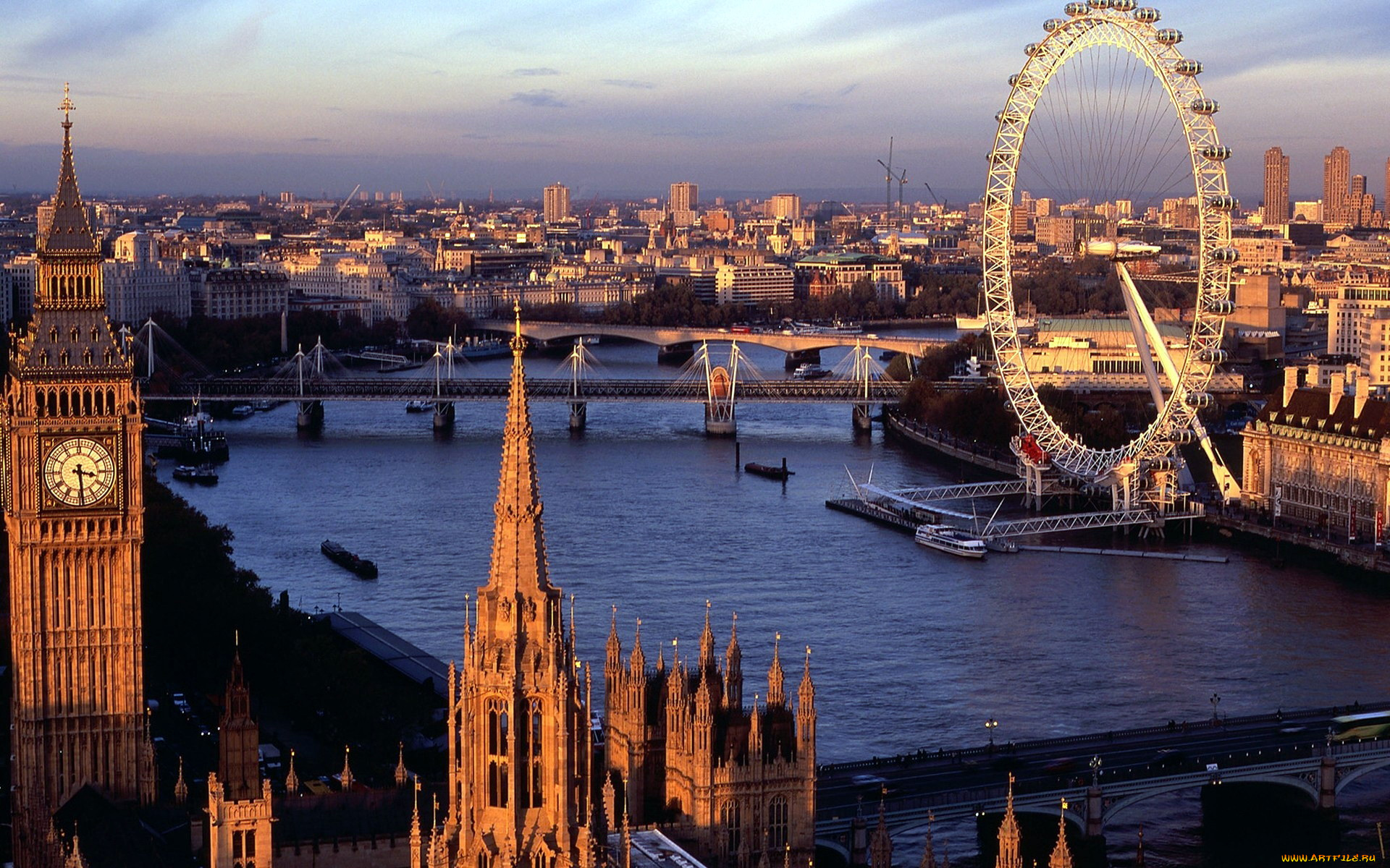 города, лондон, , великобритания, панорама, обозрения, мост, река, часы, башня, колесо