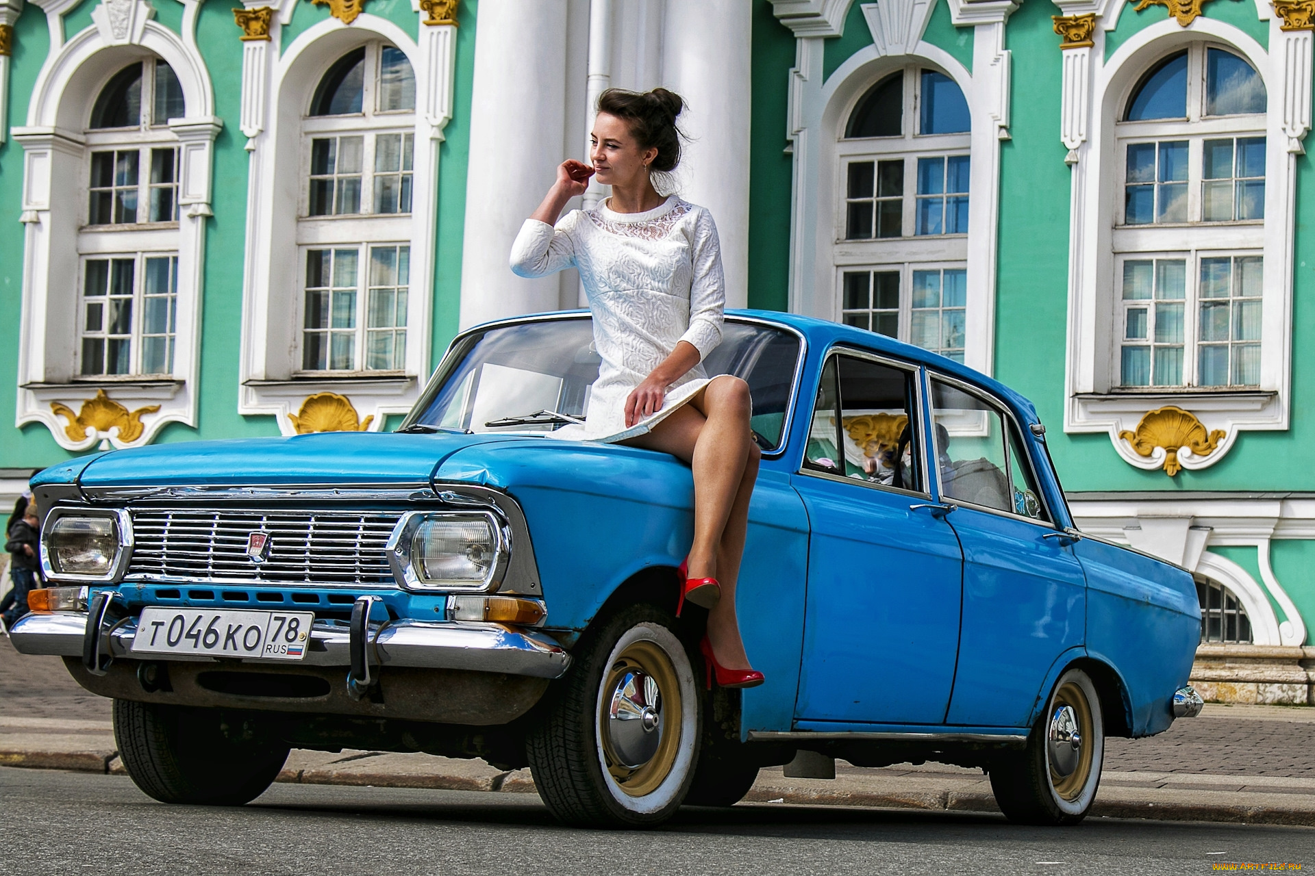 москвич, автомобили, -авто, с, девушками, классика, синий, девушка, ретро