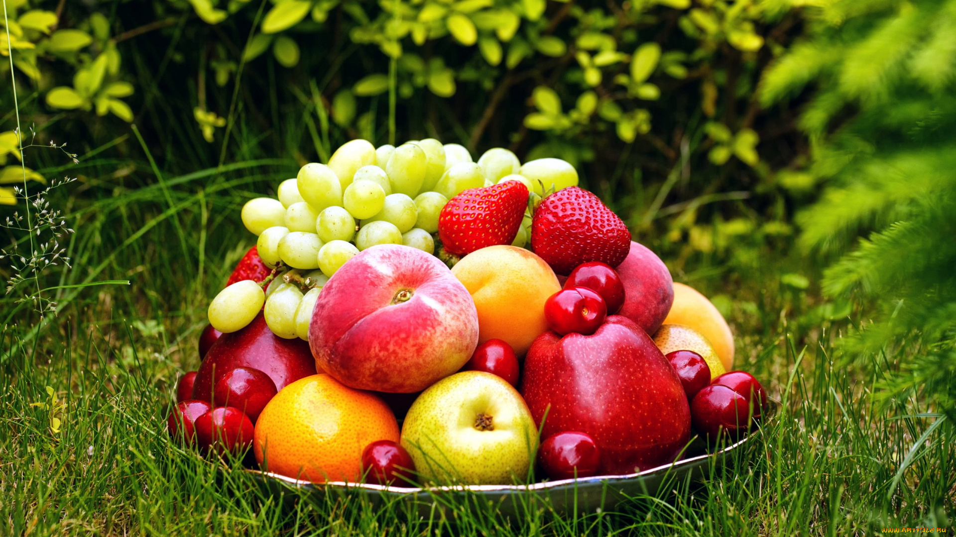 еда, фрукты, , ягоды, персик, клубника, виноград, вишни