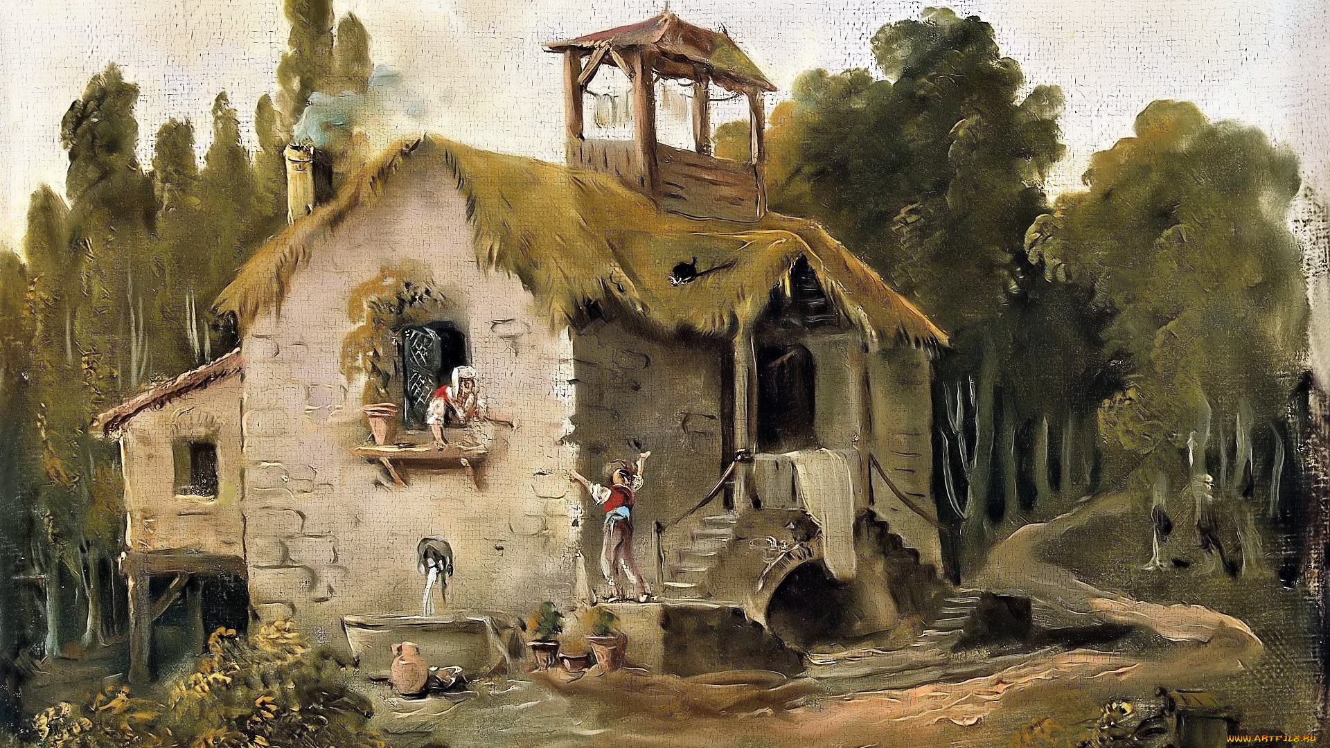 cottage, in, the, forest-hubert, robert, рисованное, живопись, дом, люди, дорога, деревья
