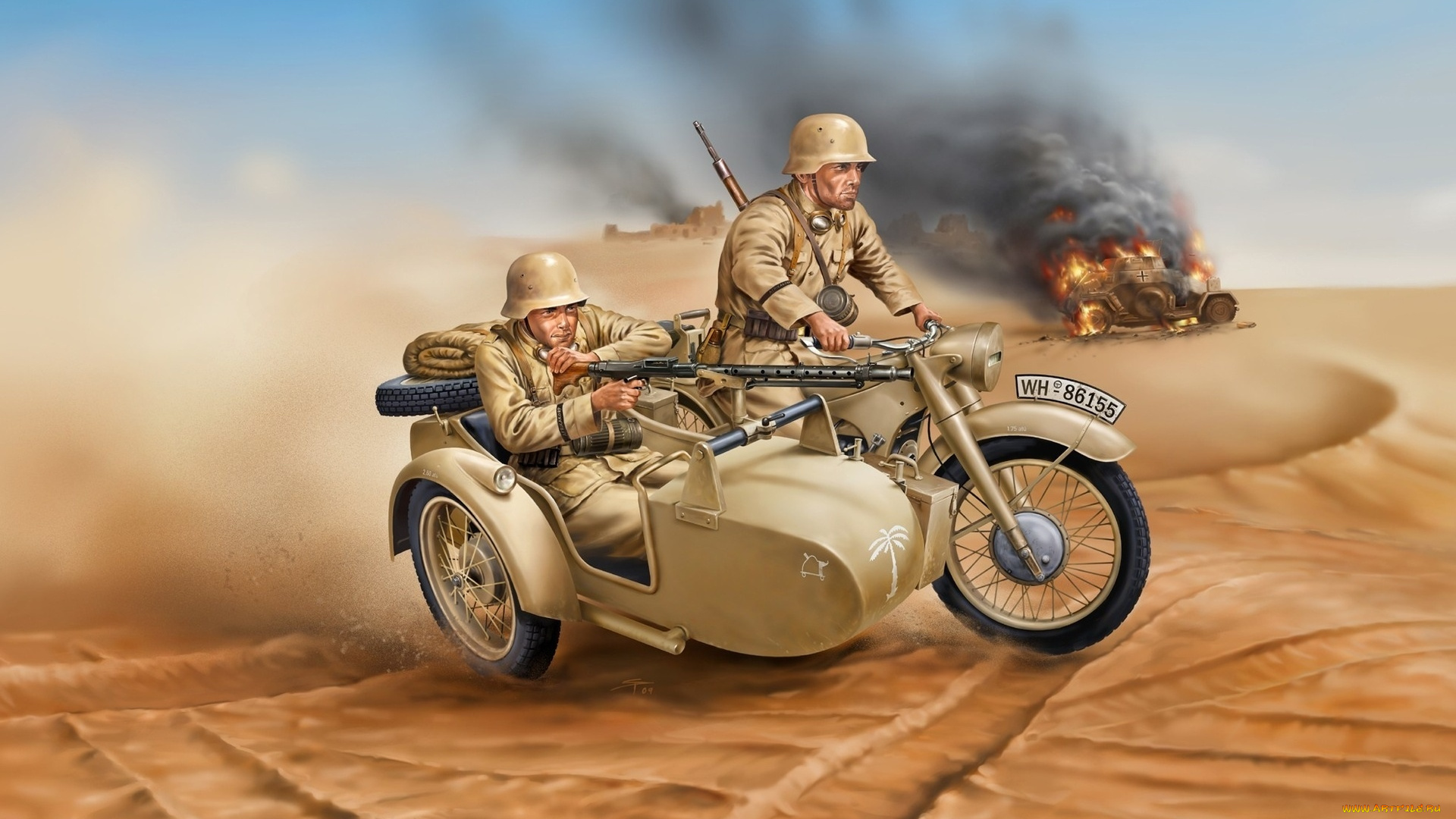 рисованное, армия, солдаты, дым, мотоцикл, оружие, немецкие, песок