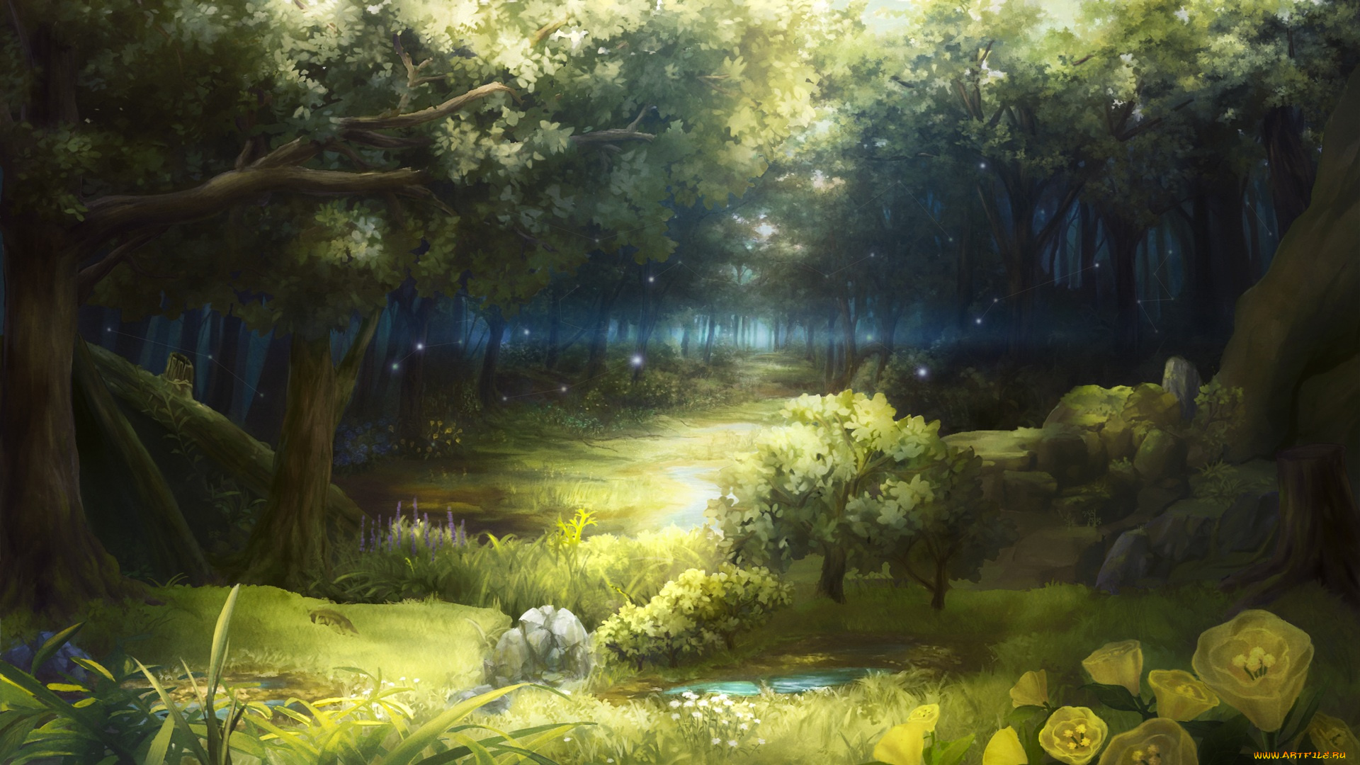 рисованное, природа, деревья, огоньки, цветы, лес, арт, rappiihiroshi