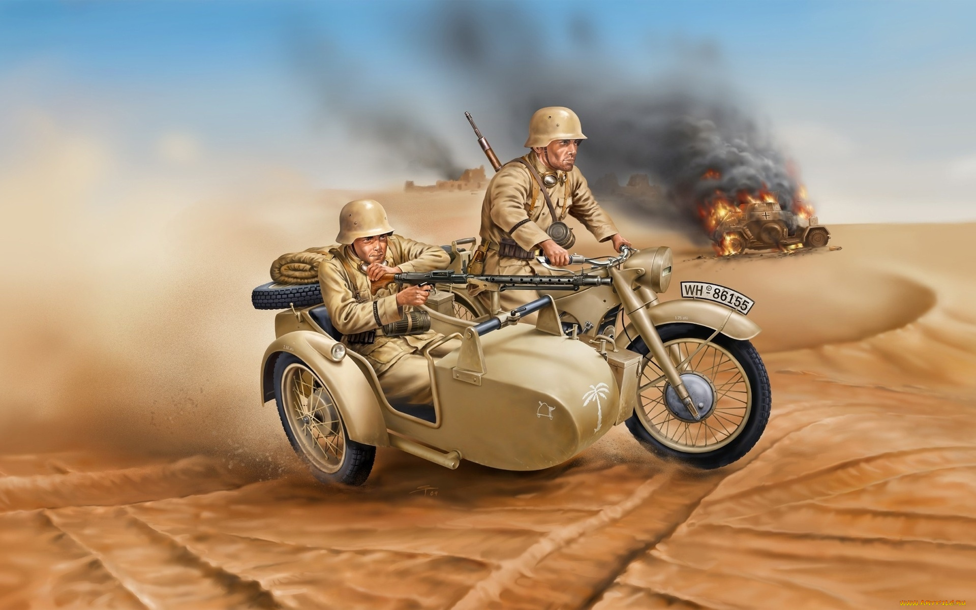 рисованное, армия, солдаты, дым, мотоцикл, оружие, немецкие, песок