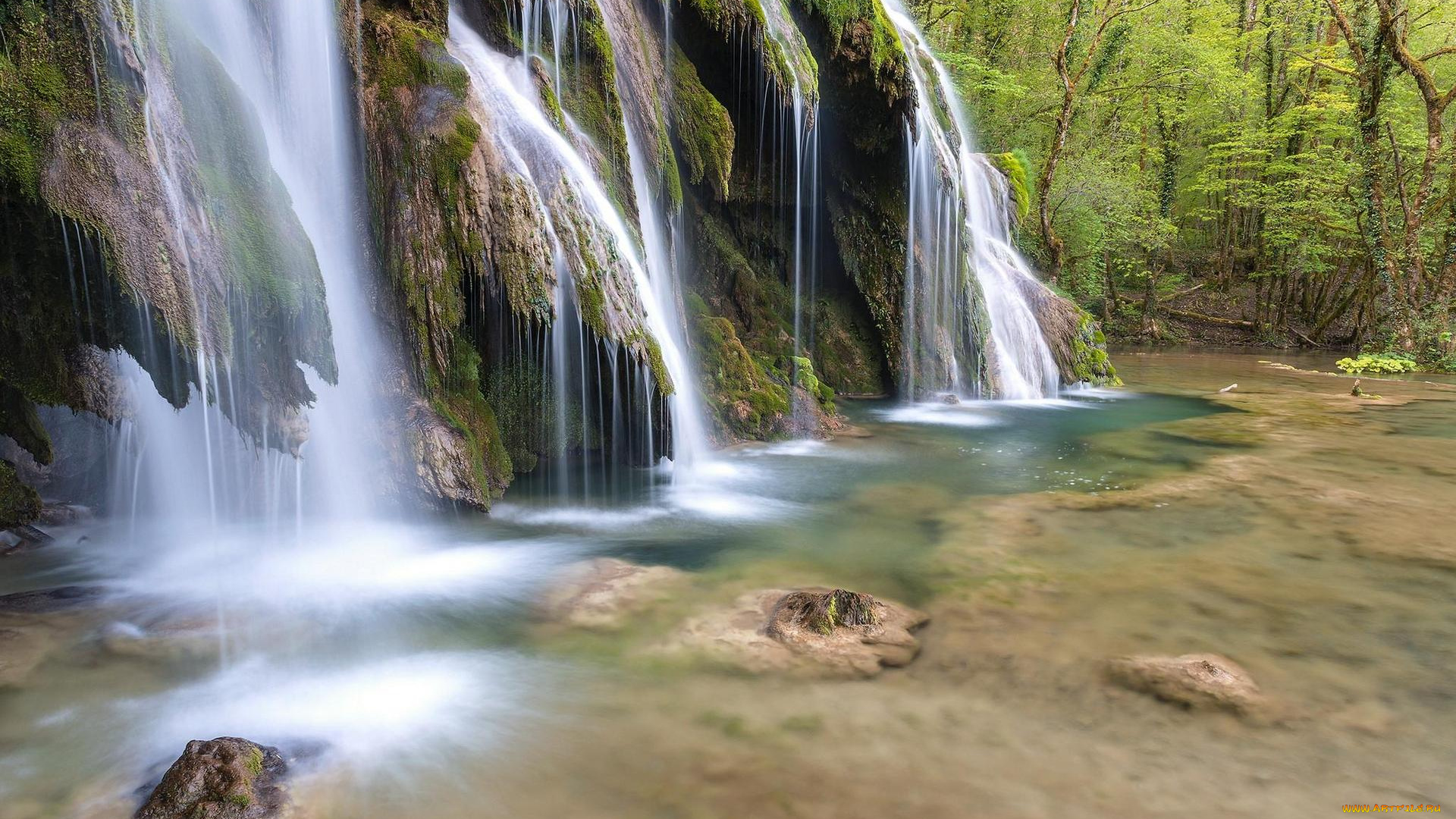 природа, водопады, деревья, лес, водопад, франция, каскады, де, туфс