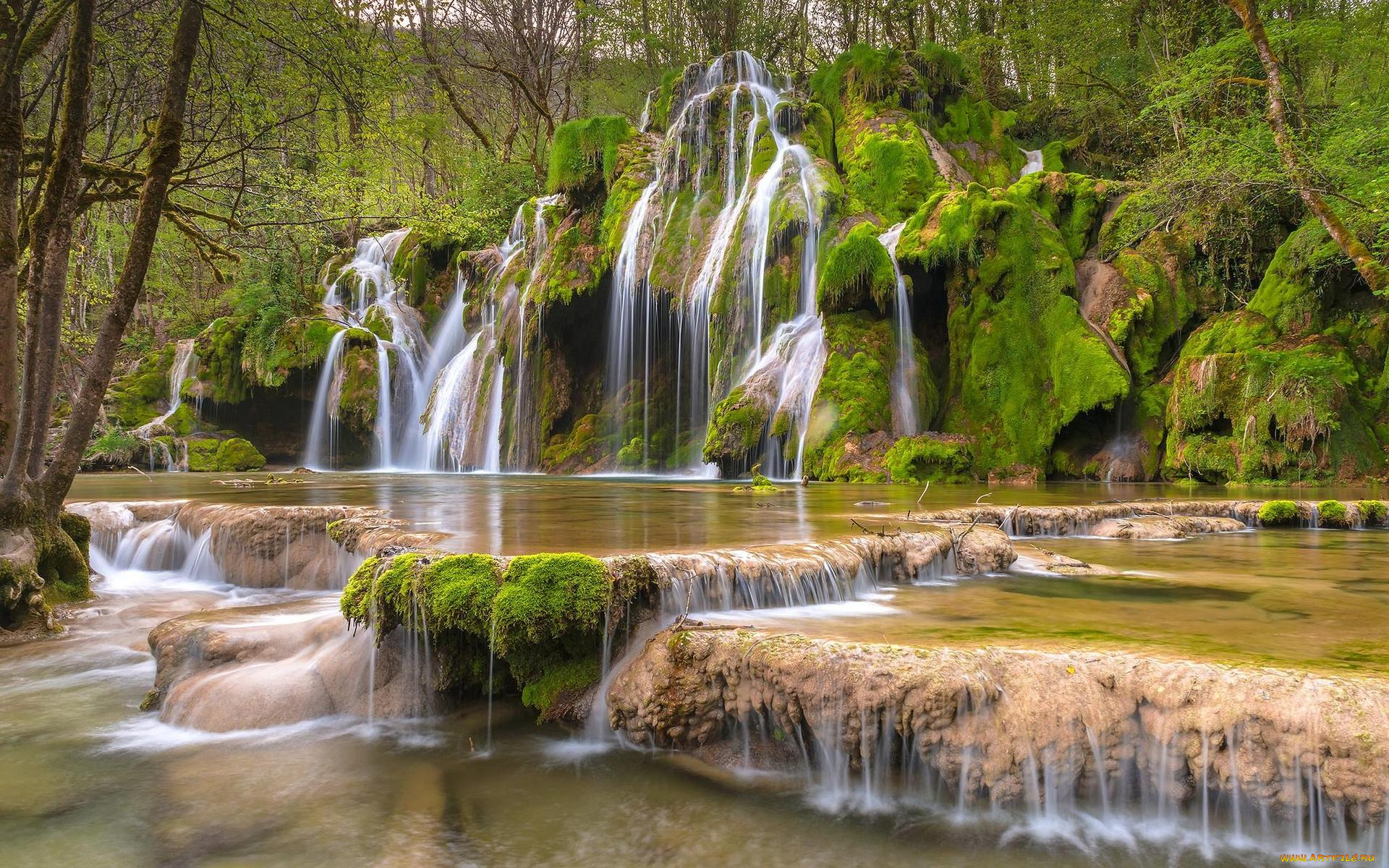 природа, водопады, деревья, лес, водопад, франция, каскады, де, туфс