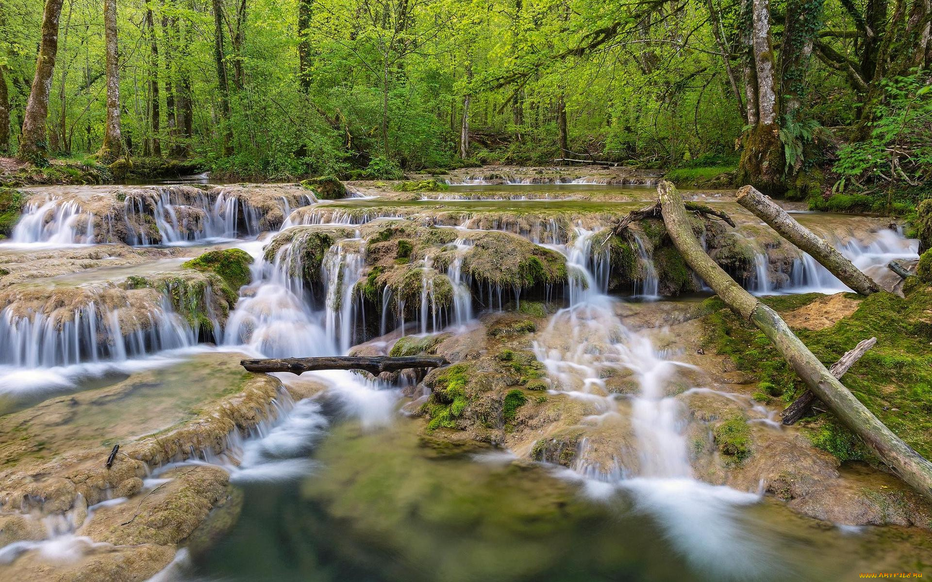 природа, водопады, лес, водопад, каскады, де, туфс, франция, деревья