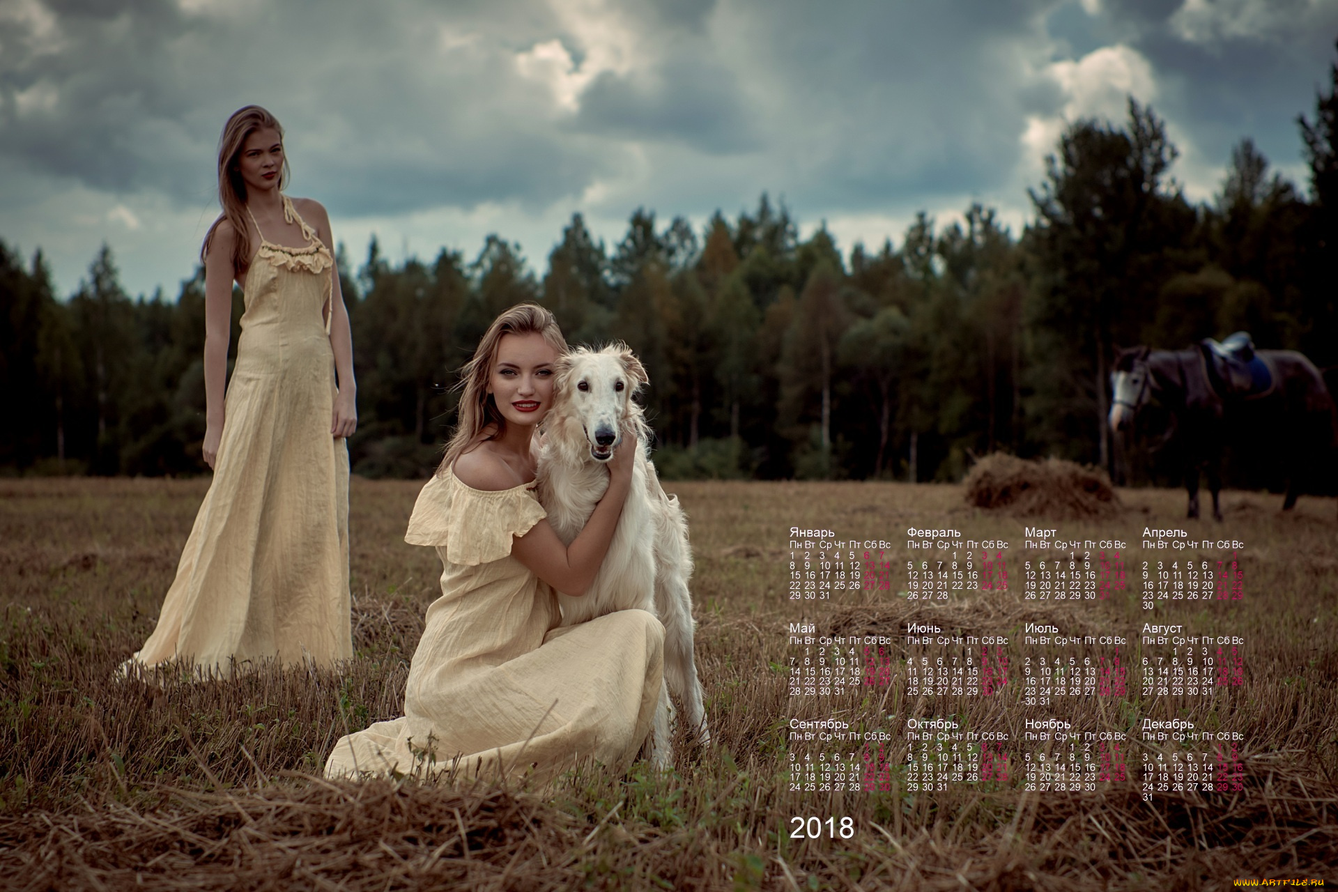 календари, девушки, лошадь, собака, сено, деревья, облака, трава