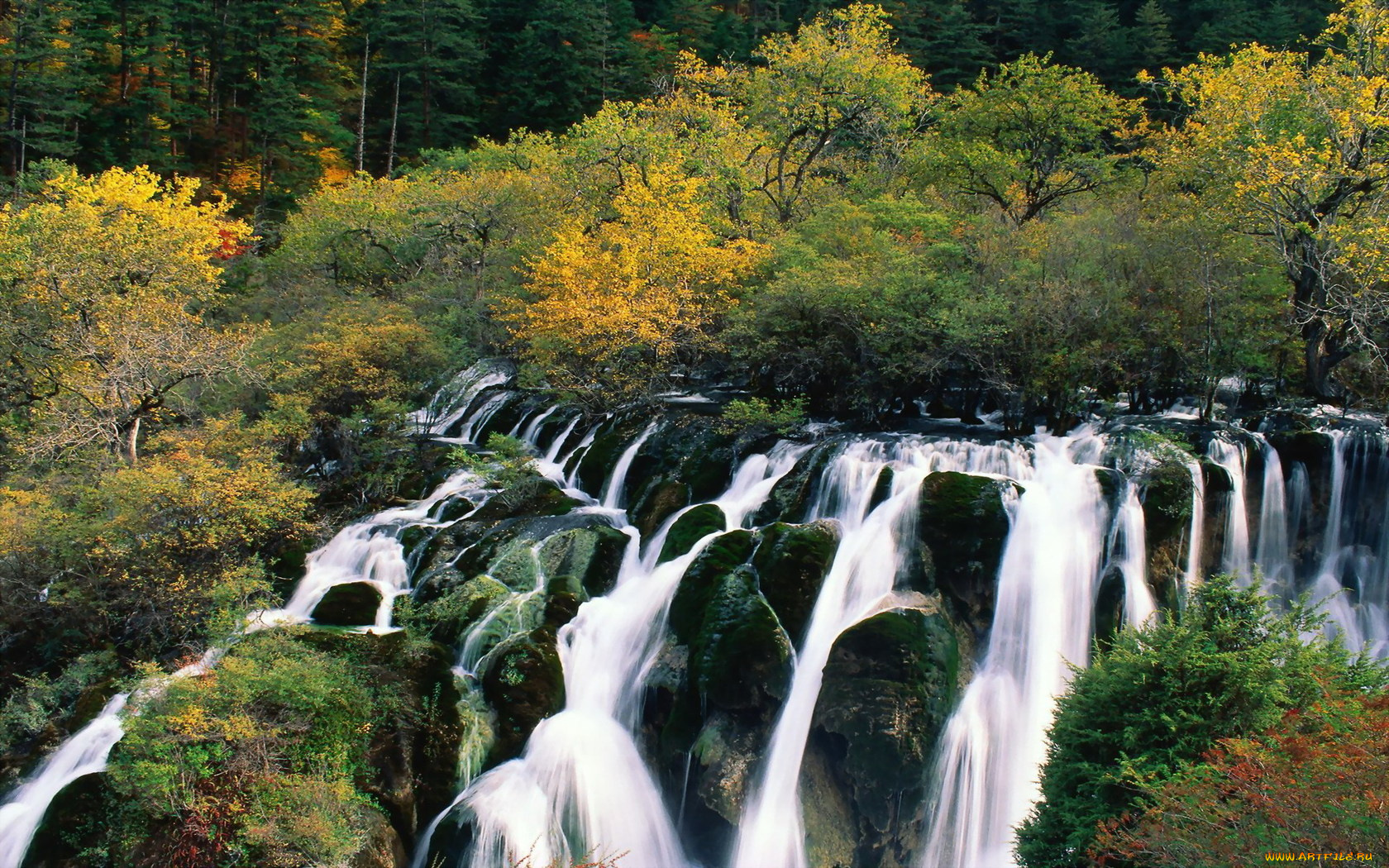 природа, водопады, китай, осень, лес