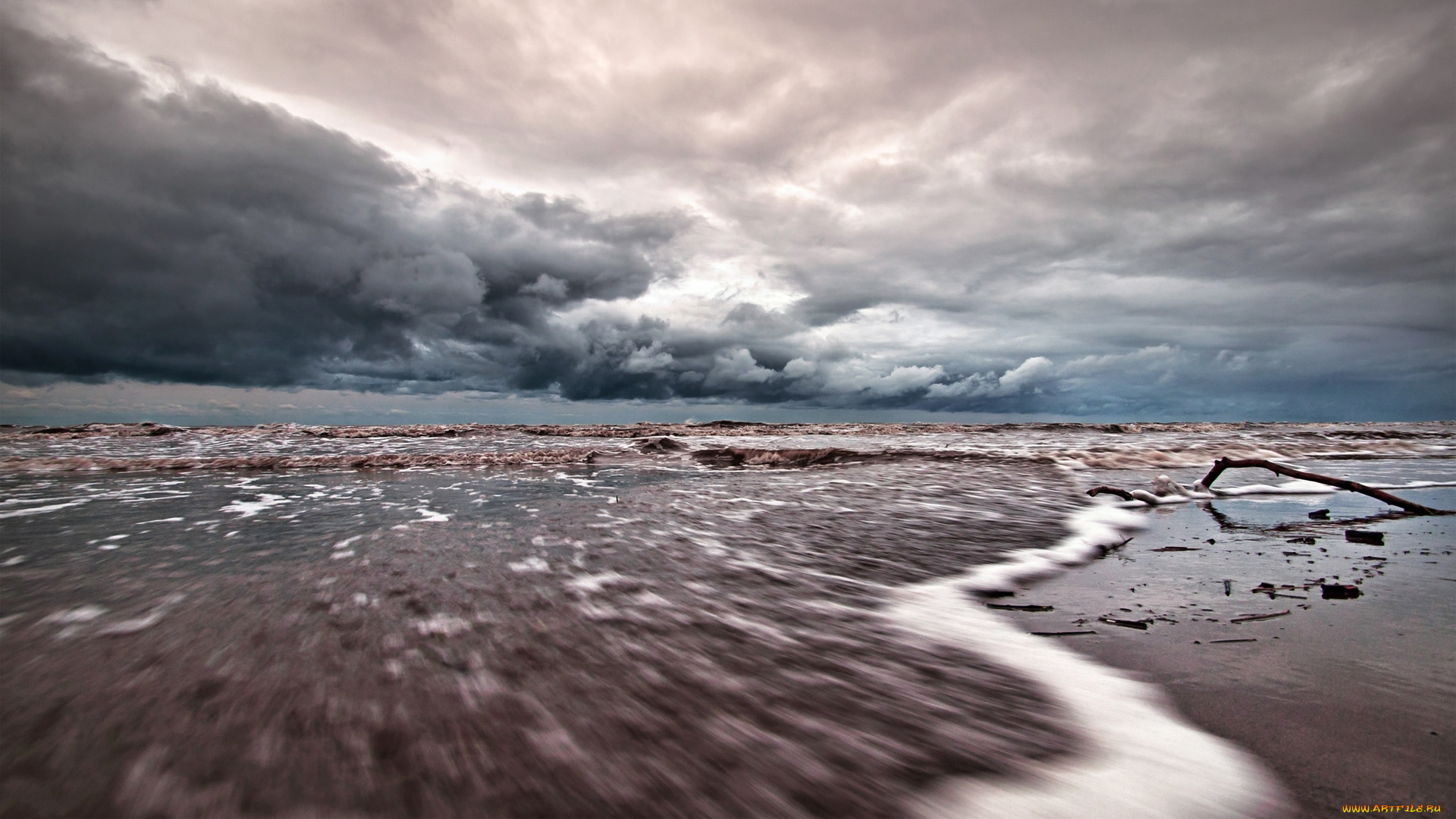 tide, coming, in, under, stormy, skies, природа, стихия, сумрак, прибой, тучи, море, небо, шторм
