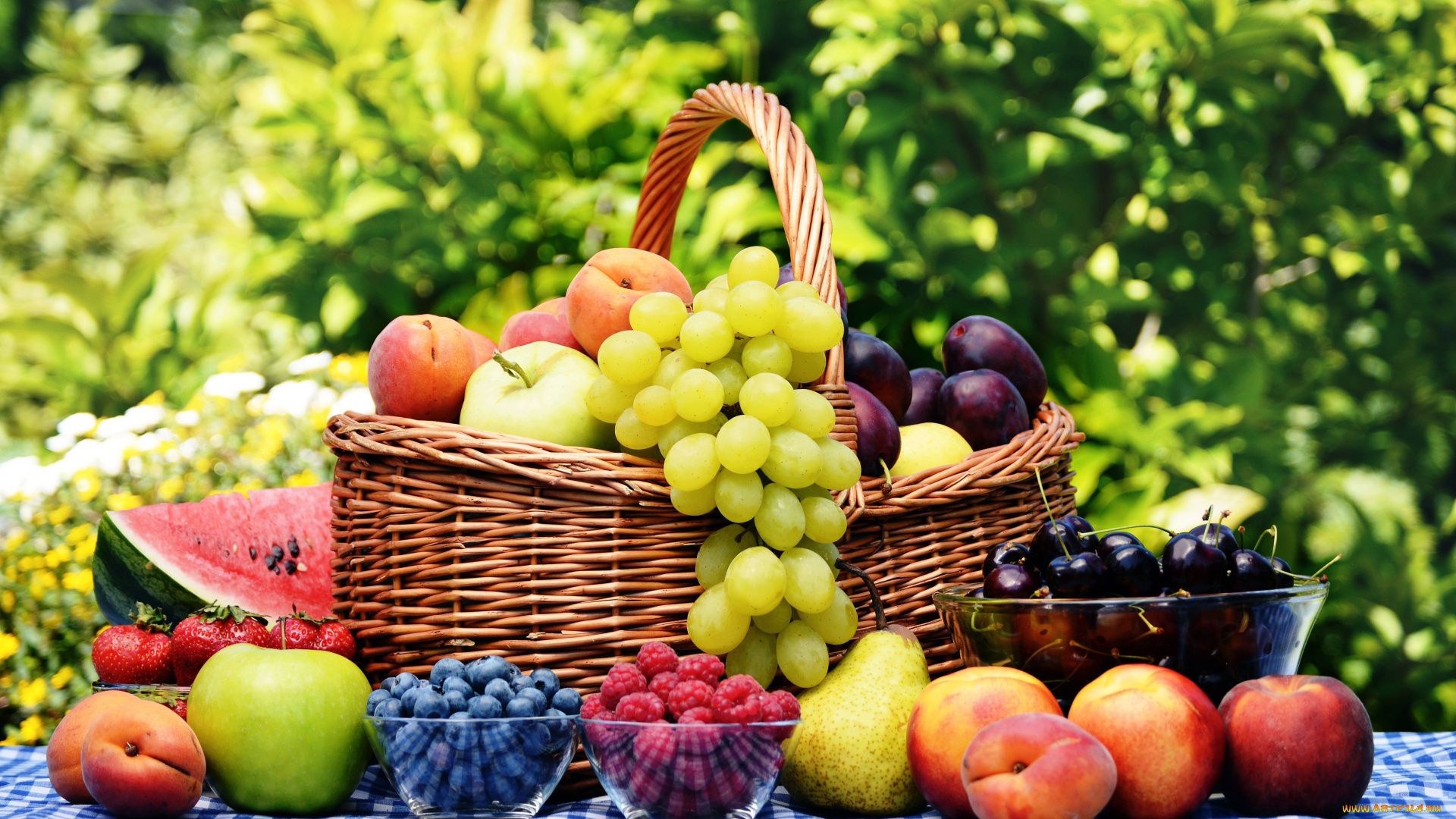 еда, фрукты, ягоды, груши, арбуз, сливы, яблоки, черника, малина, виноград, абрикосы, клубника, персики, нектарин, вишня