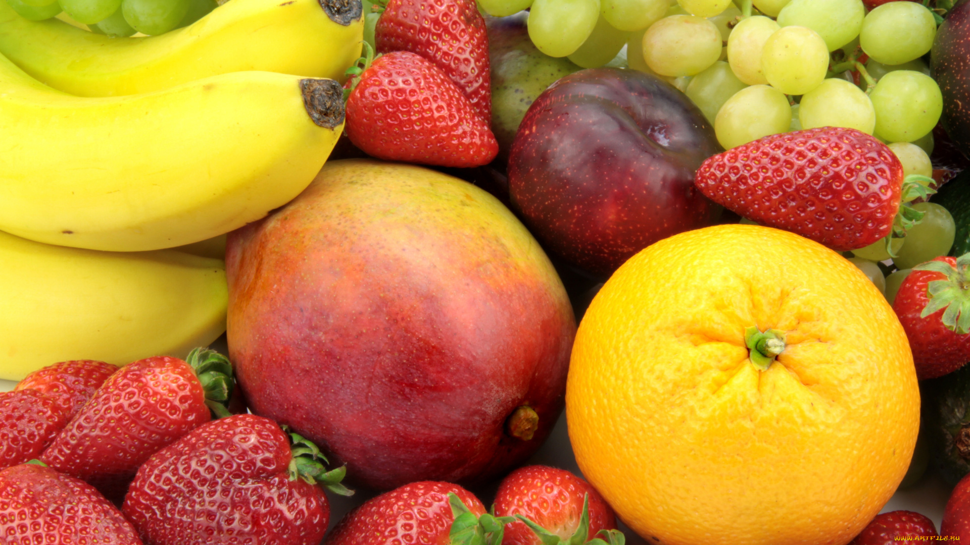 еда, фрукты, ягоды, клубника, бананы, витамины, апельсин, виноград