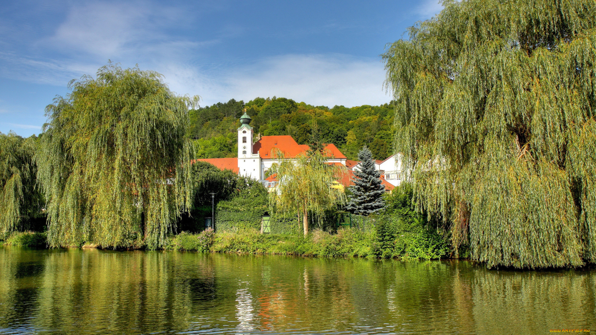 германия, бавария, айхштет, города, пейзажи, ивы, дома, река, берег