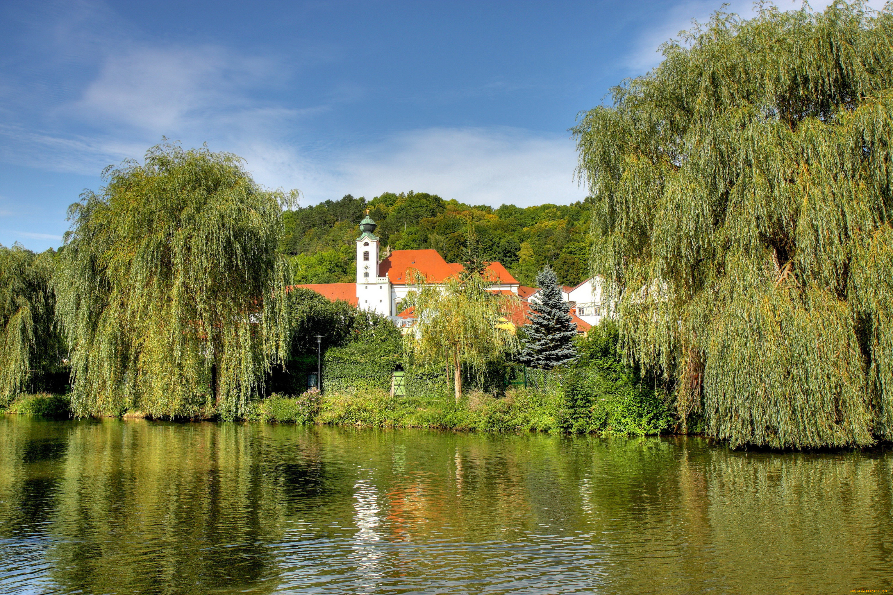 германия, бавария, айхштет, города, пейзажи, ивы, дома, река, берег