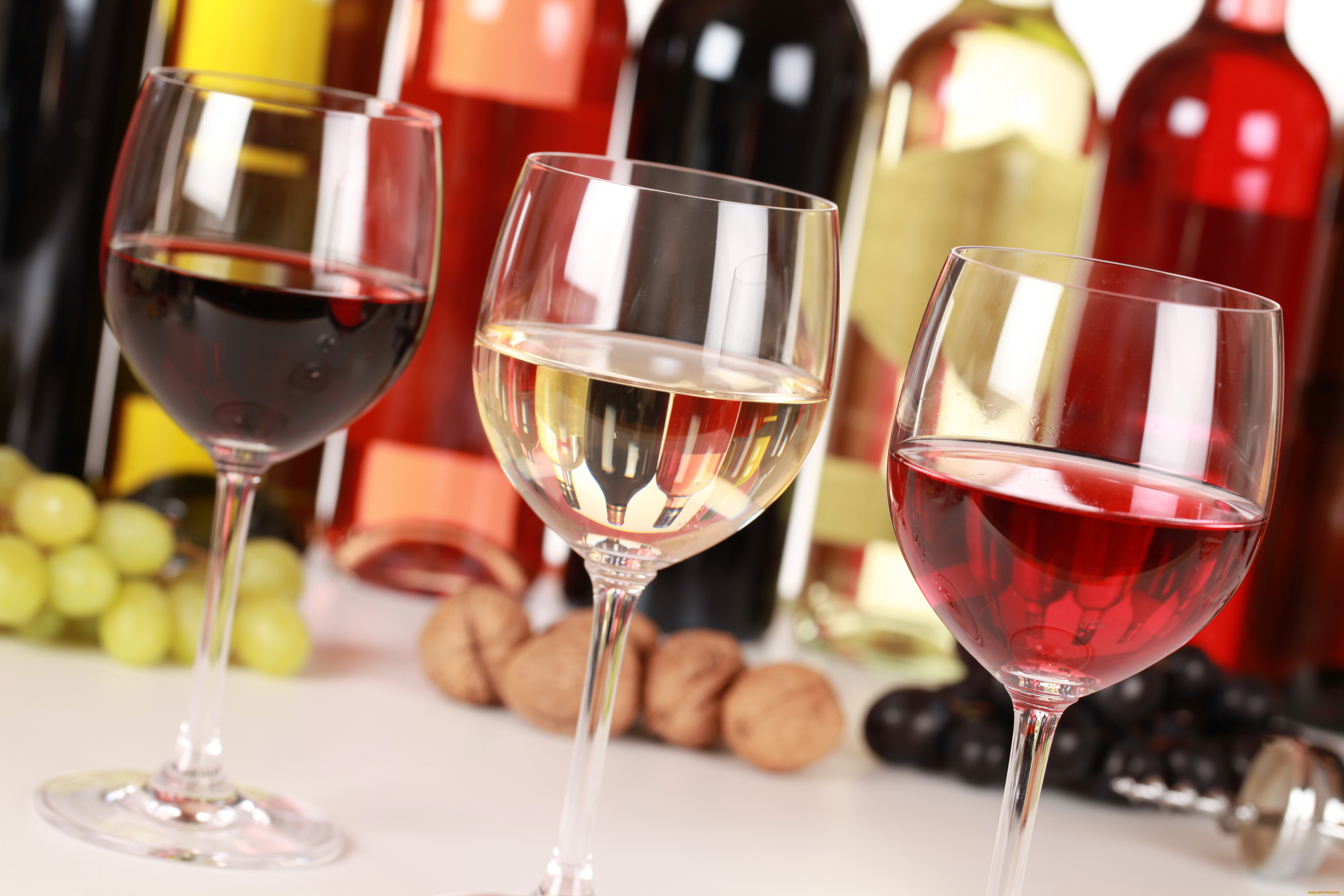 еда, напитки, вино, орехи, бокалы, бутылки, розовое, белое, красное, виноград