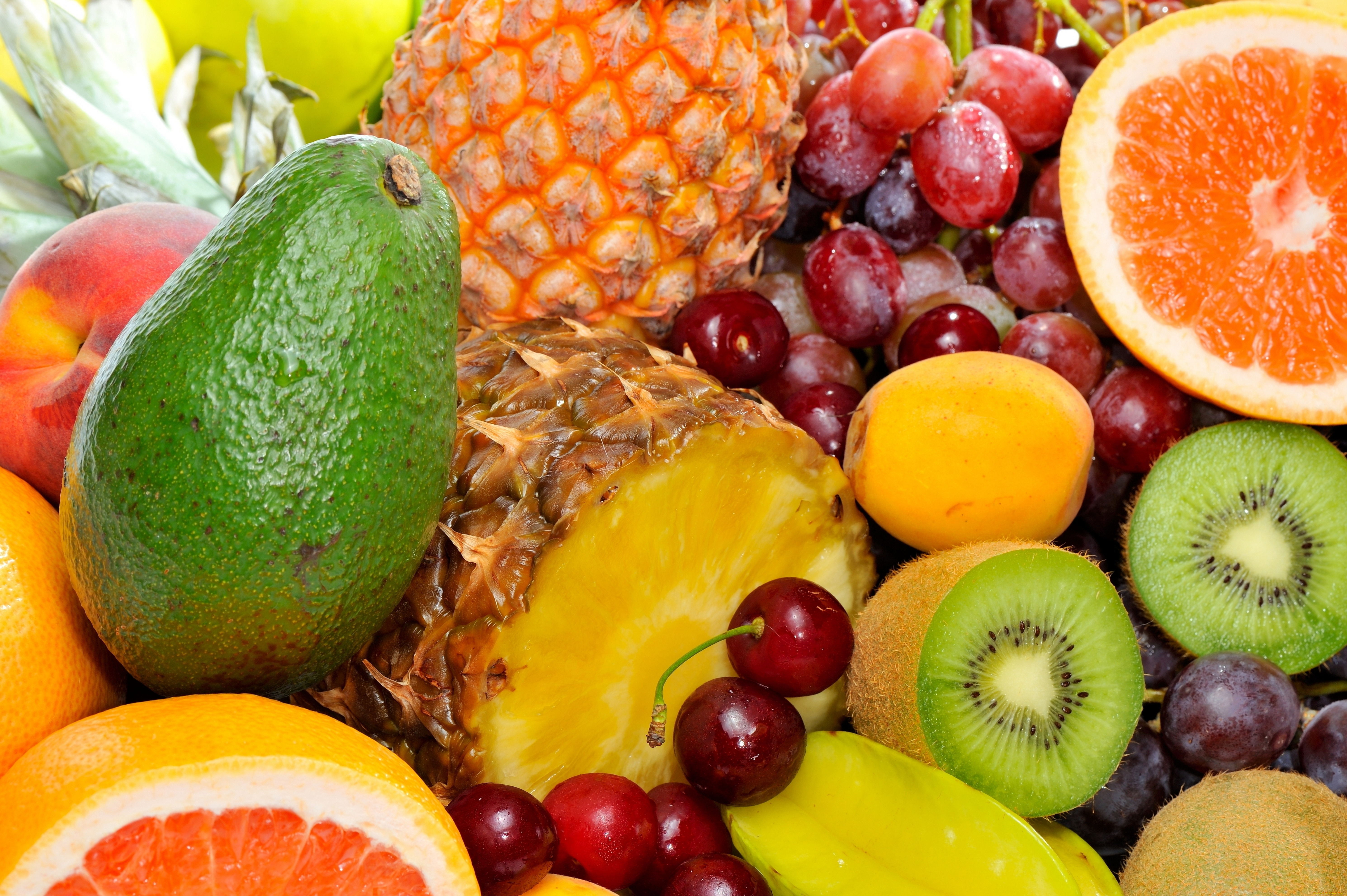 еда, фрукты, ягоды, виноград, киви, грейпфруты, карамбола, ананас, авокадо, персики, черешня, абрикосы