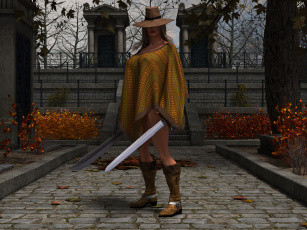 Картинка 3д+графика фантазия+ fantasy шляпа взгляд девушка мечи осень