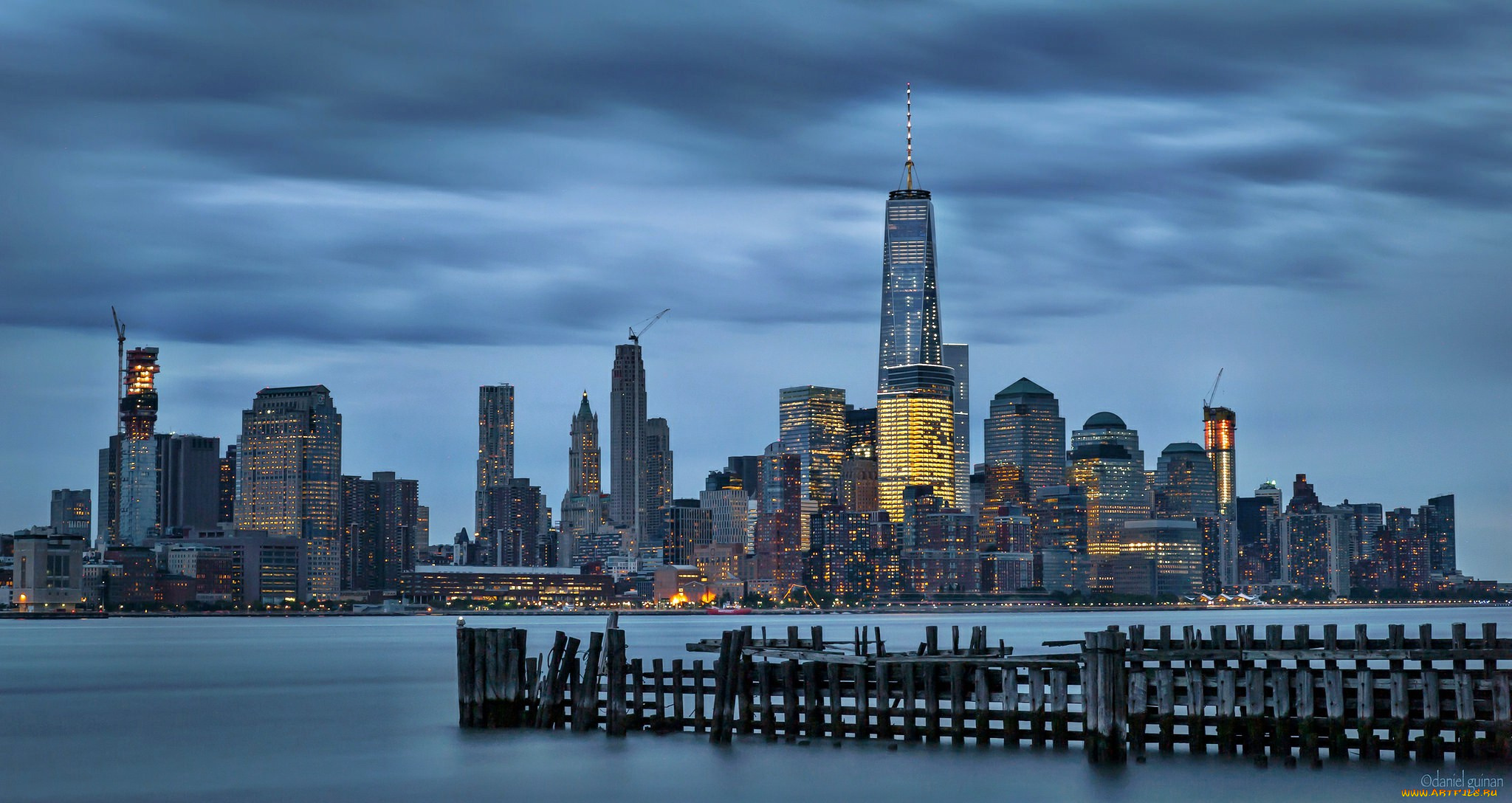 downtown, manhattan, города, нью-йорк, , сша, залив, ночь, огни, высотки