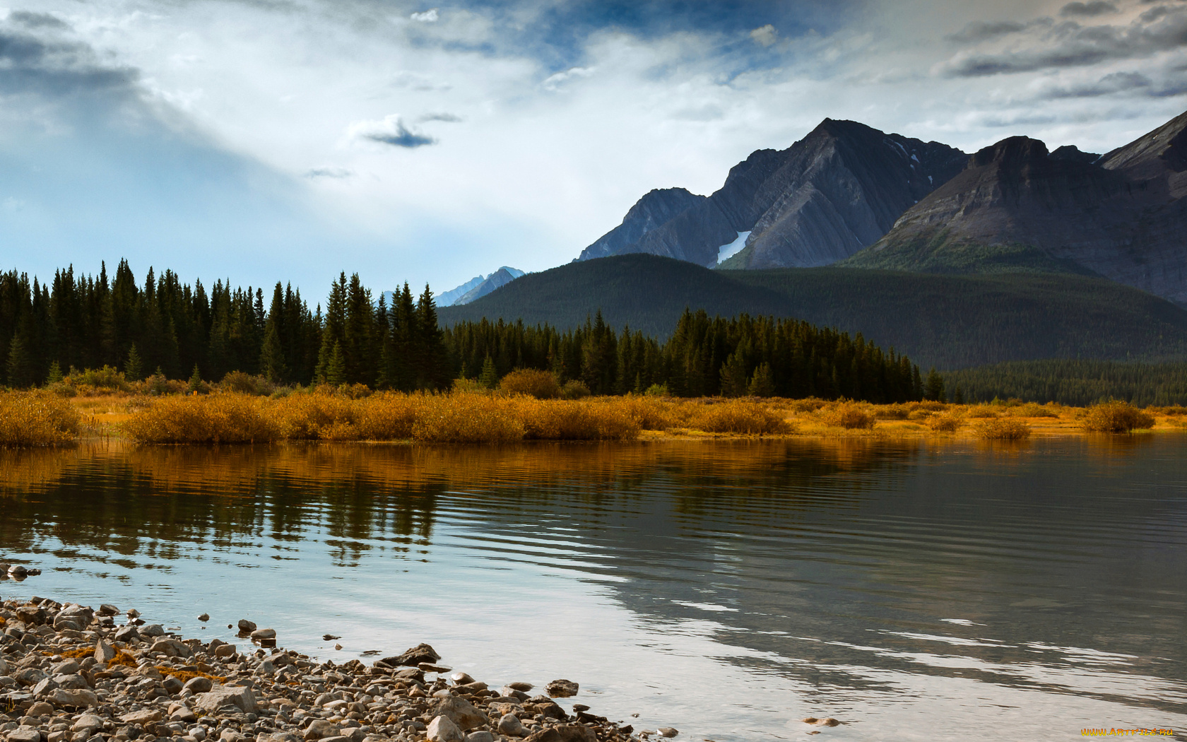 природа, реки, озера, осень, горы, лес, деревья, озеро, голубое, небо, облака, канада, альберта