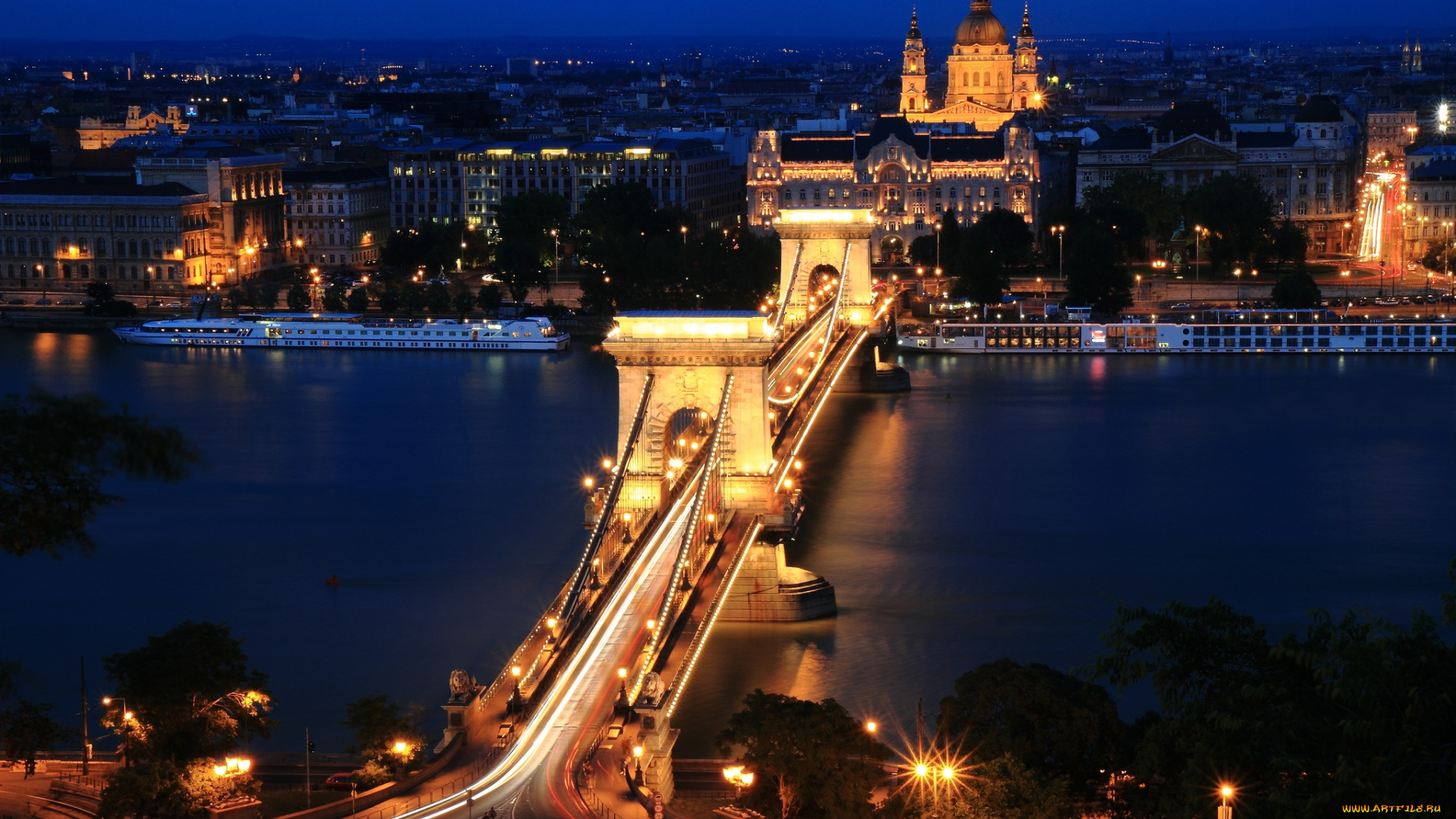 города, будапешт, венгрия, ночь, огни, мост, дунай