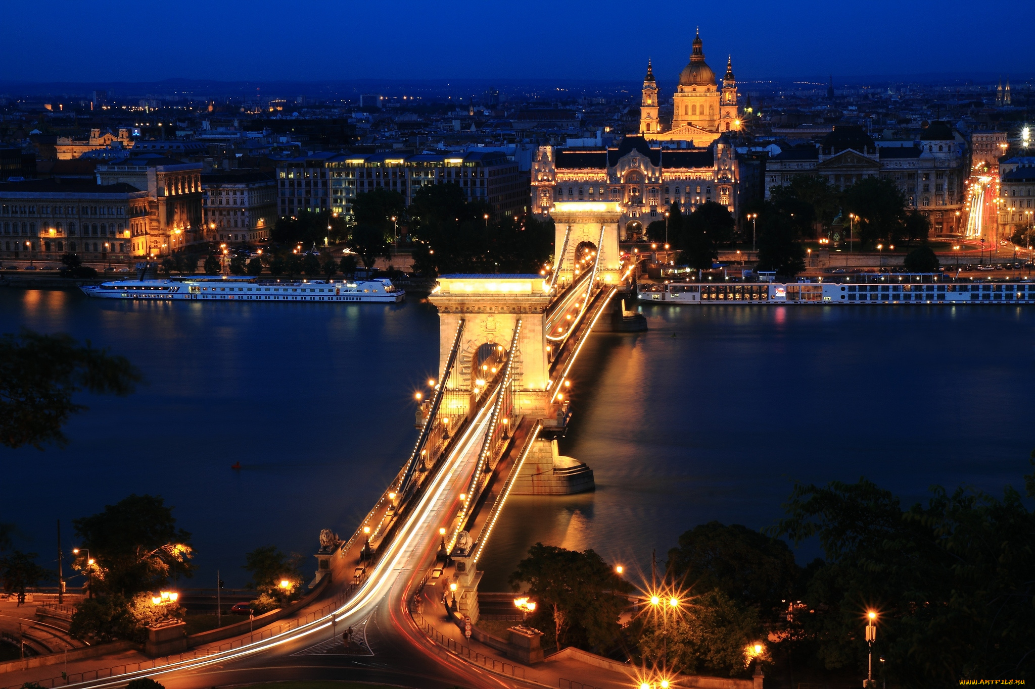 города, будапешт, венгрия, ночь, огни, мост, дунай