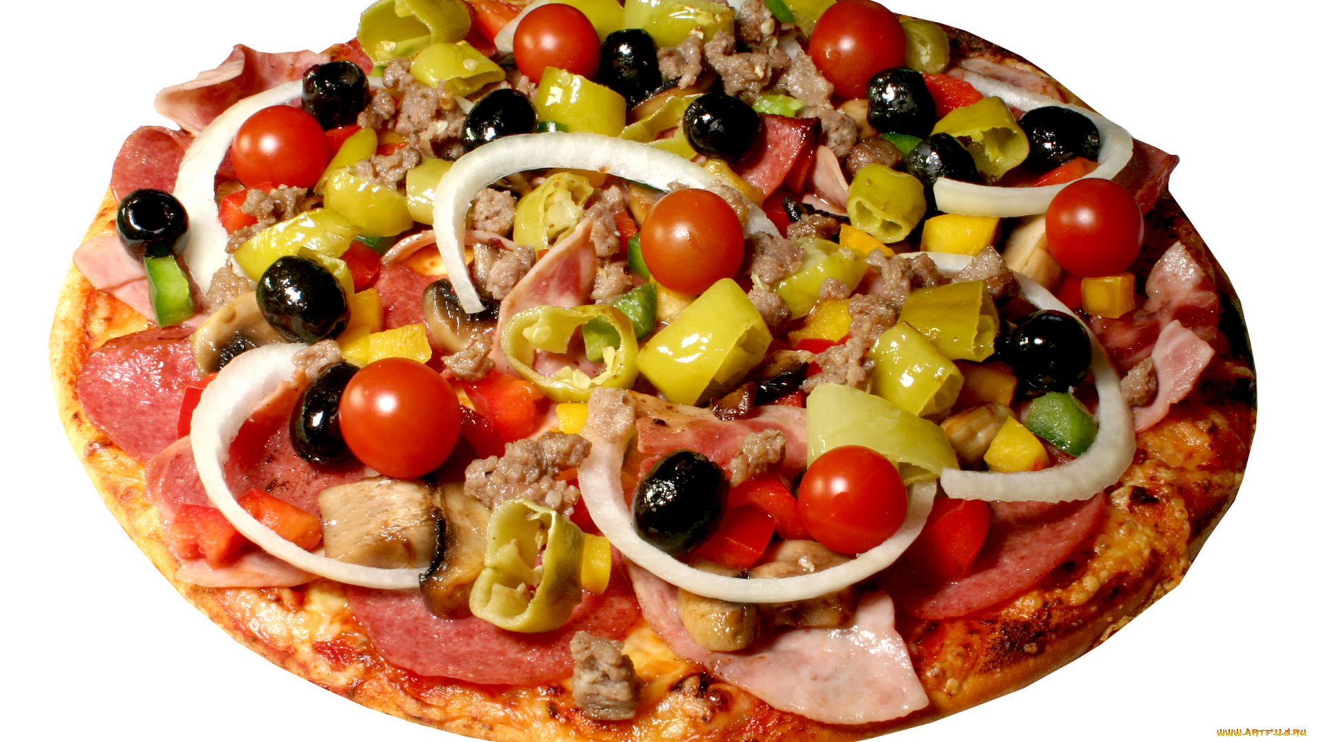 еда, пицца, зелень, помидоры, мясо, колбаса