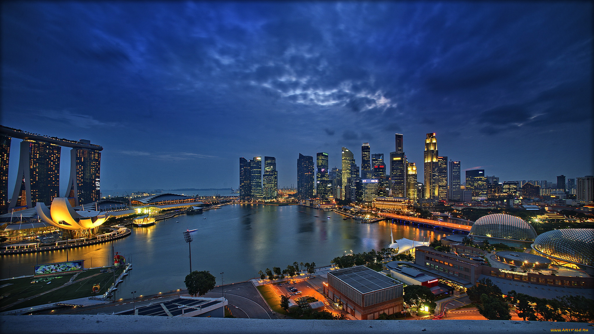 сингапур, города, мост, огни, река, дома, ночь