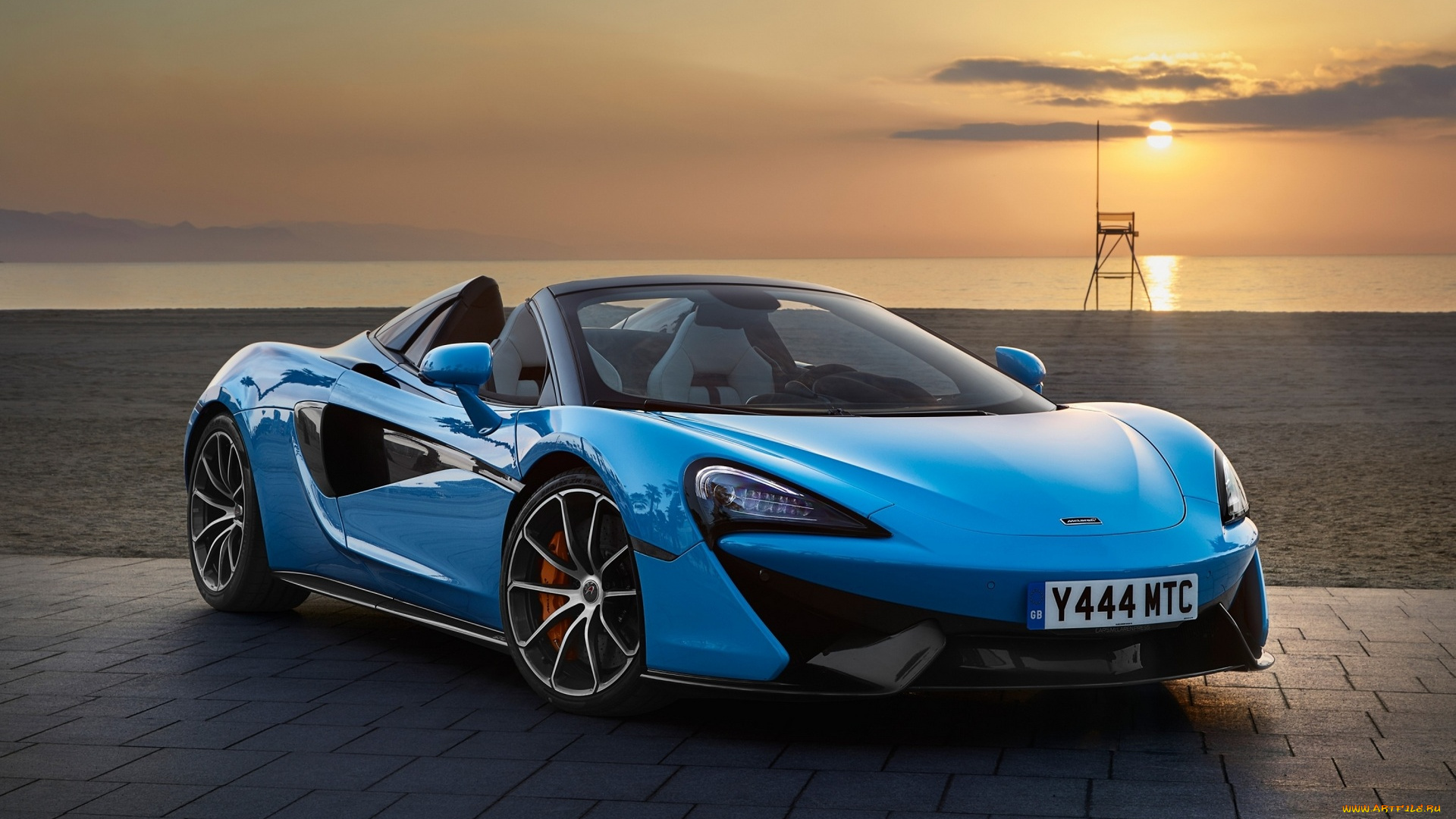 автомобили, mclaren, море, закат, 570s, spider, макларен, голубой, набережная