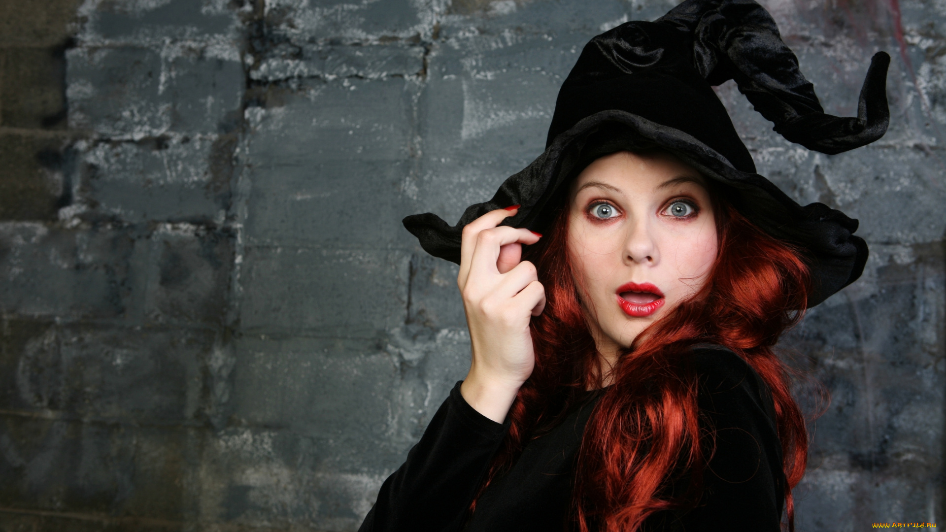 девушки, -, креатив, , косплей, рыжие, волосы, макияж, черная, шляпа, ведьма