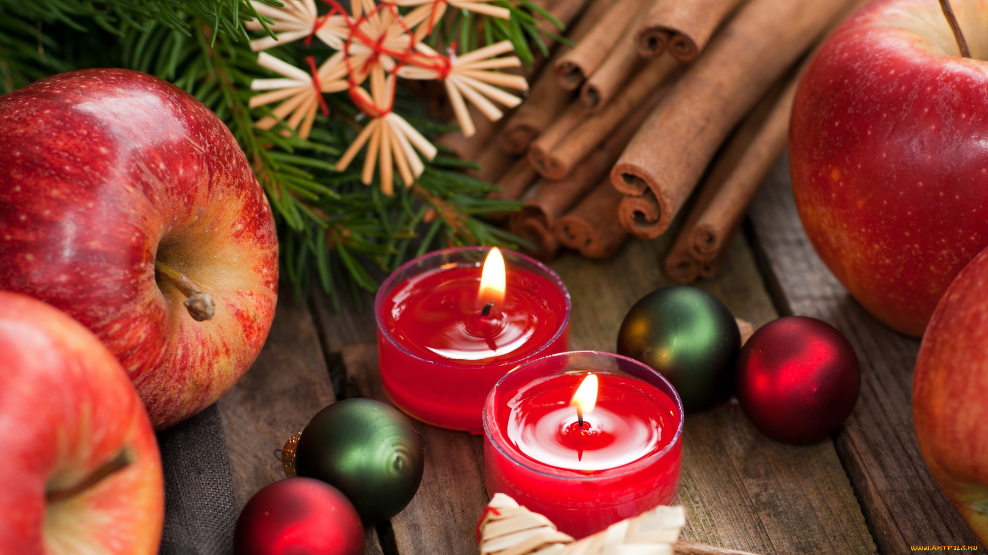 праздничные, новогодние, свечи, шарики, корица, яблоки