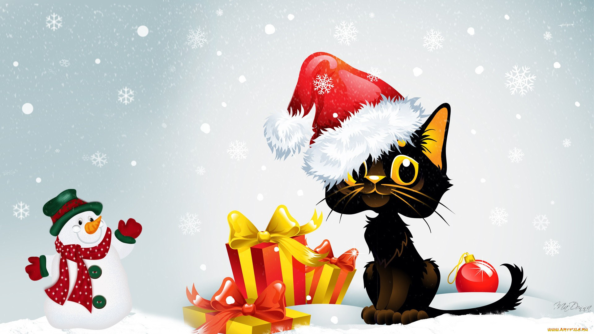 праздничные, векторная, графика, новый, год, снежинки, подарки, снеговик, кот