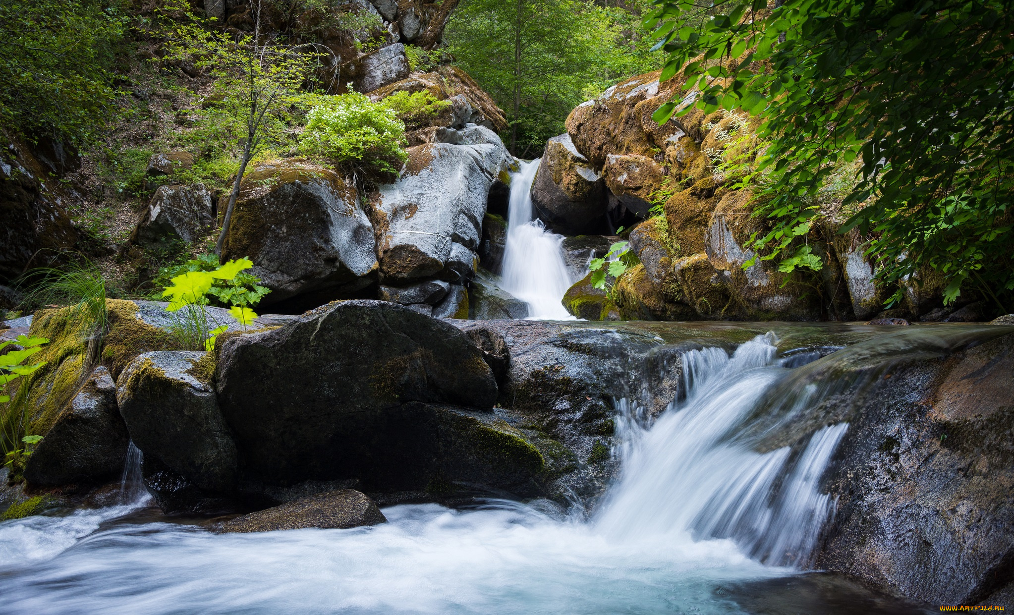 природа, водопады, лес, река, камни, водопад