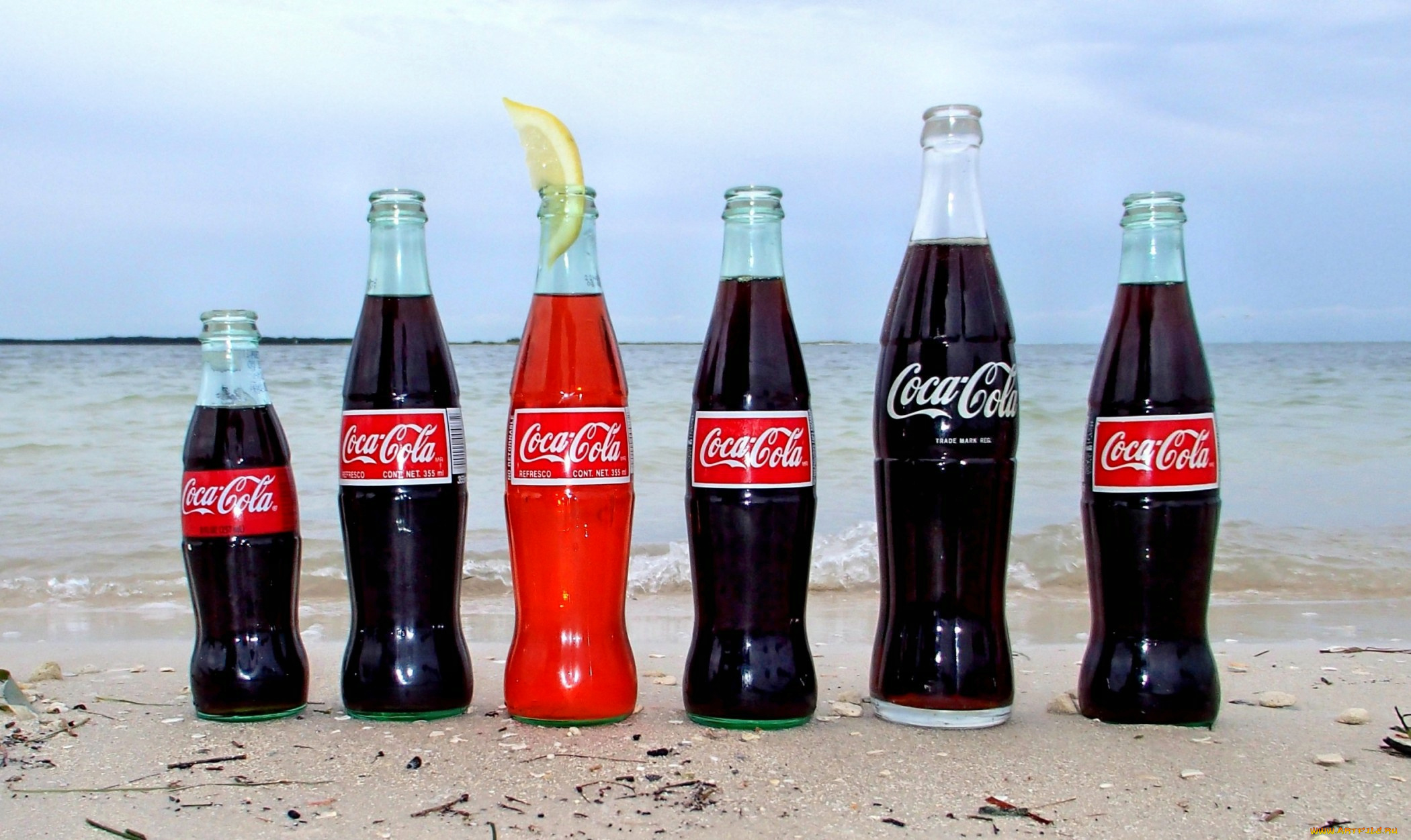coca, cola, бренды, лимончик, кока-кола, бутылки, море, пляж