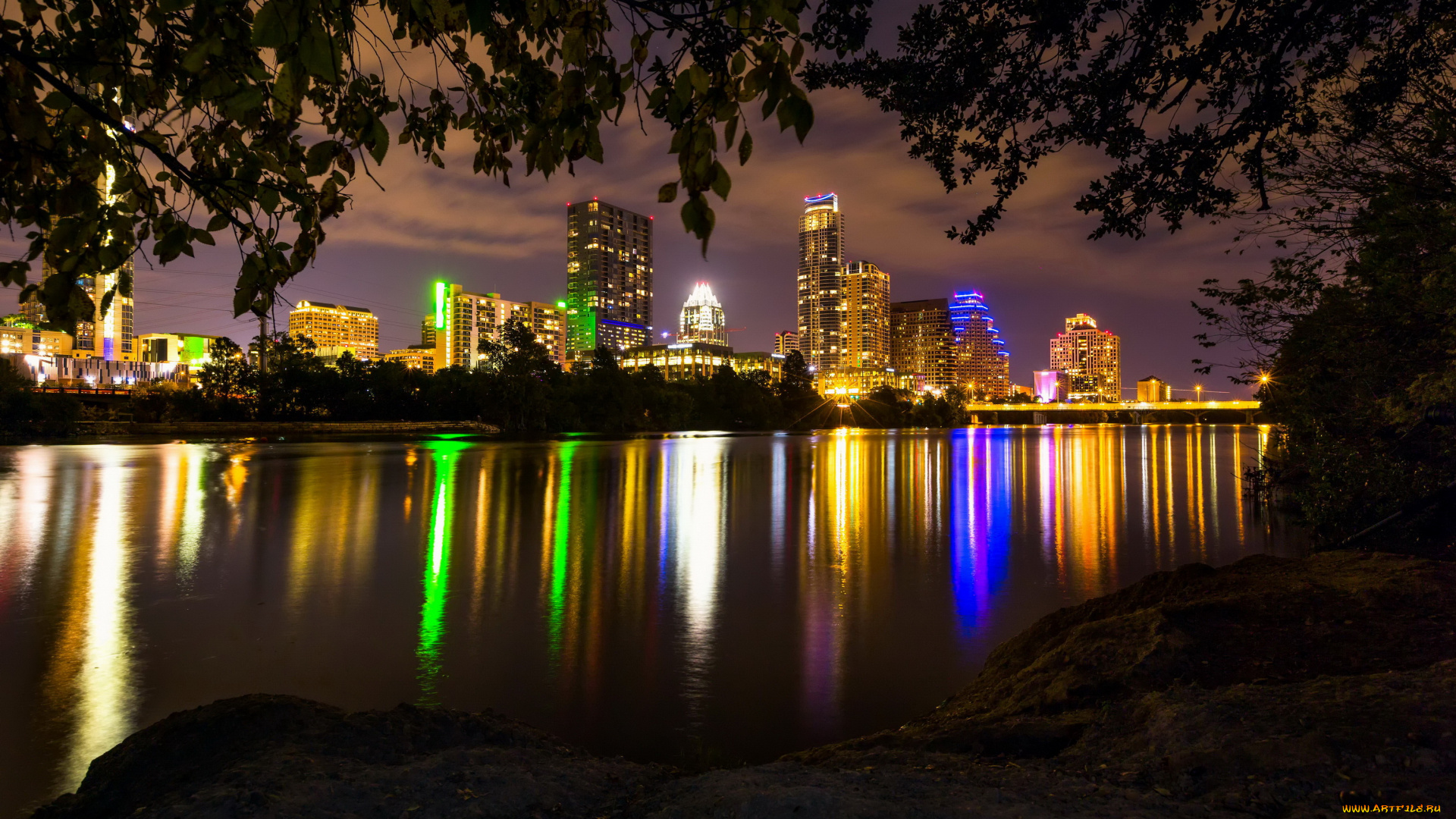 остин, техас, города, -, огни, ночного, города, austin, texas, остин, дома, река, ночь, огни