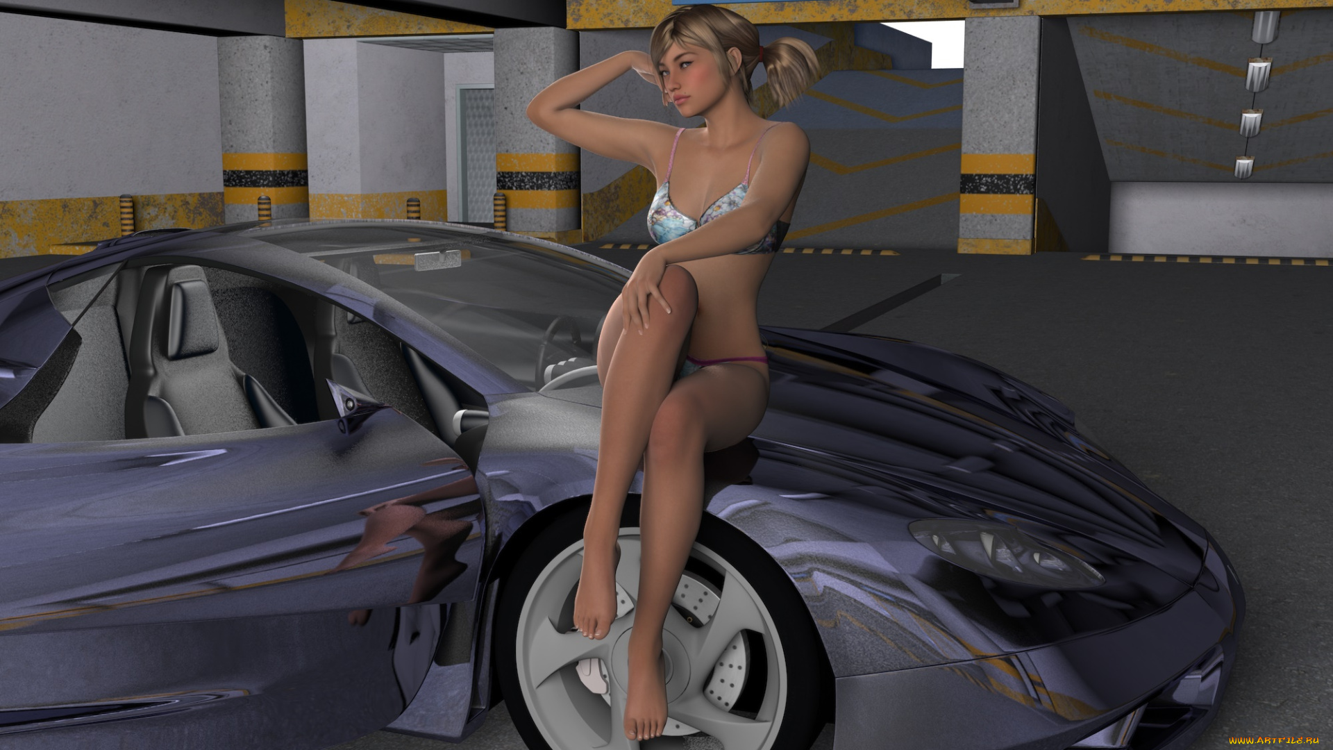 автомобили, 3d, car&girl, автомобиль, фон, взгляд, девушка