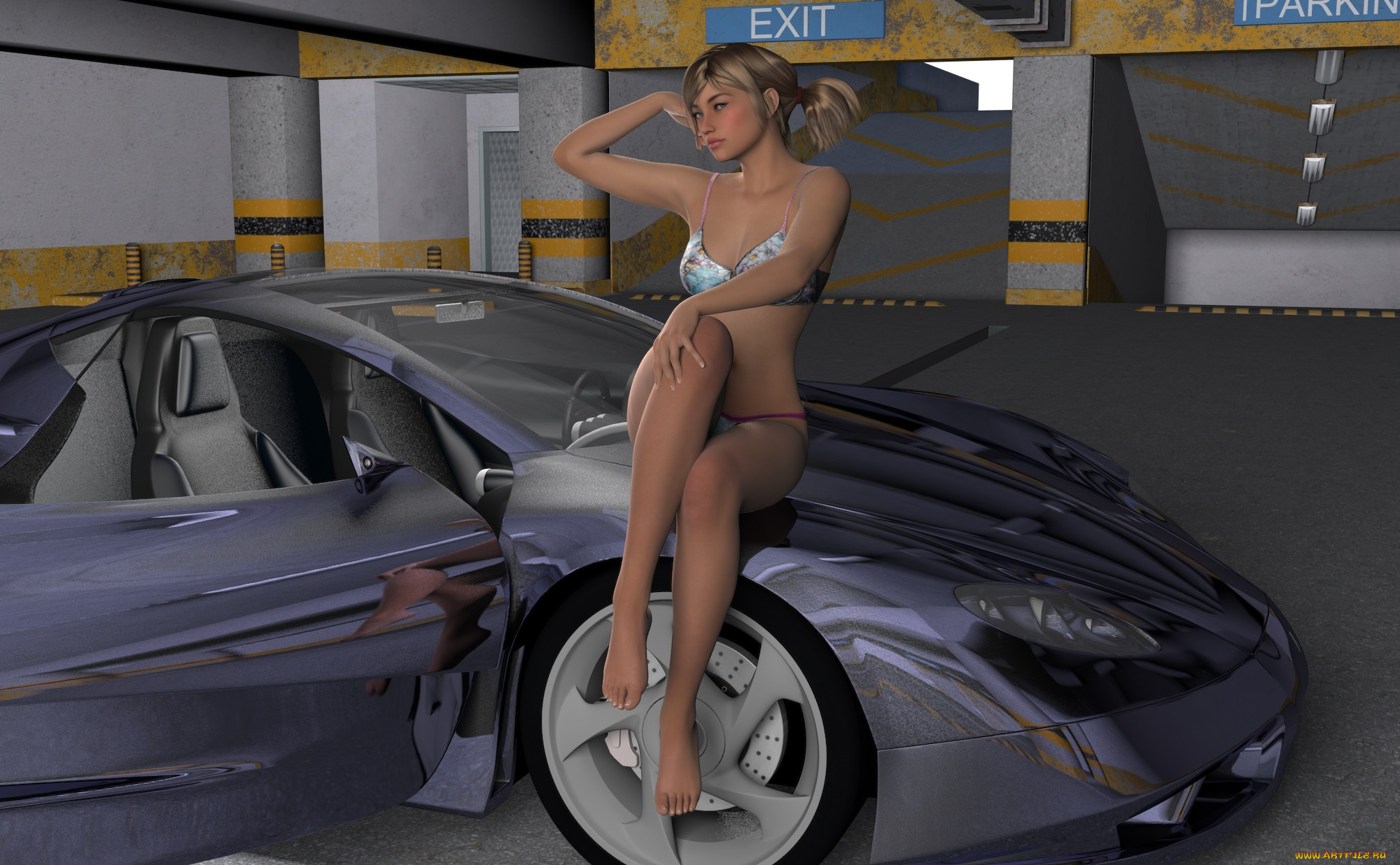 автомобили, 3d, car&girl, автомобиль, фон, взгляд, девушка