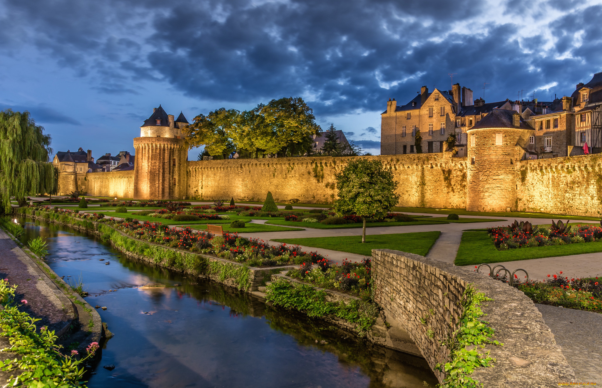 jardin, &, remparts, de, vannes, , bretagne, , france, города, замки, франции, река, замок