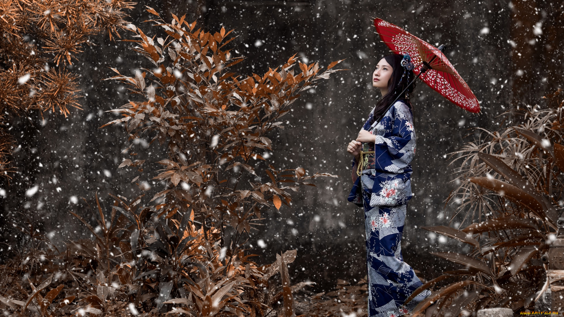 девушки, -unsort, , азиатки, девушка, кимоно, азиатка, японка, зонтик, снег, настроение