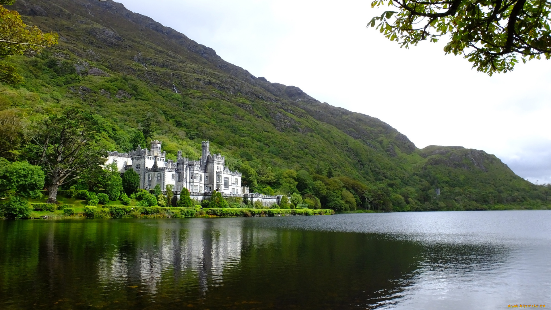 kylemore, abbey, -, ireland, города, -, пейзажи, лес, река, аббатство